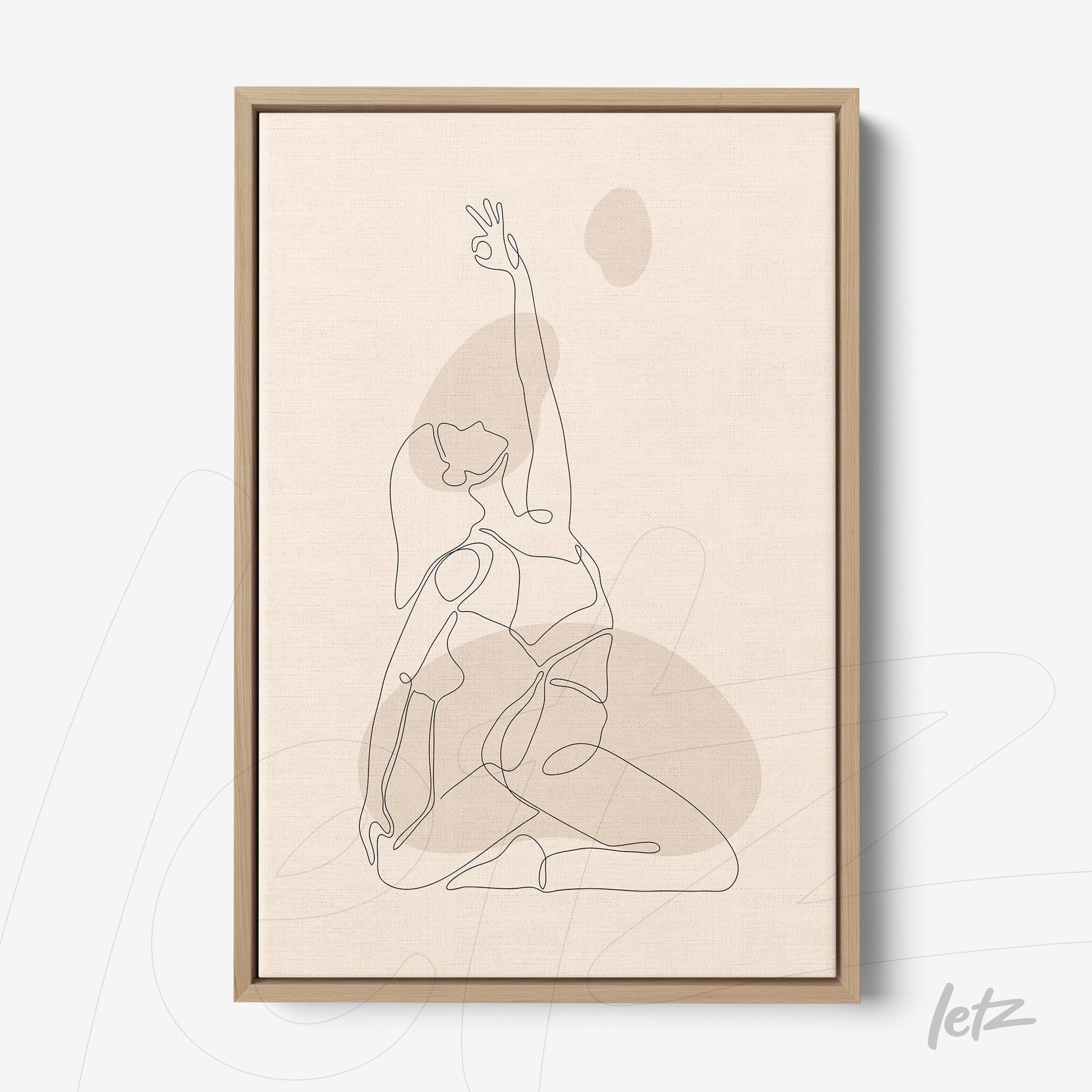 framed minimalist line art illustration of a woman in a yoga pose with light wood frame