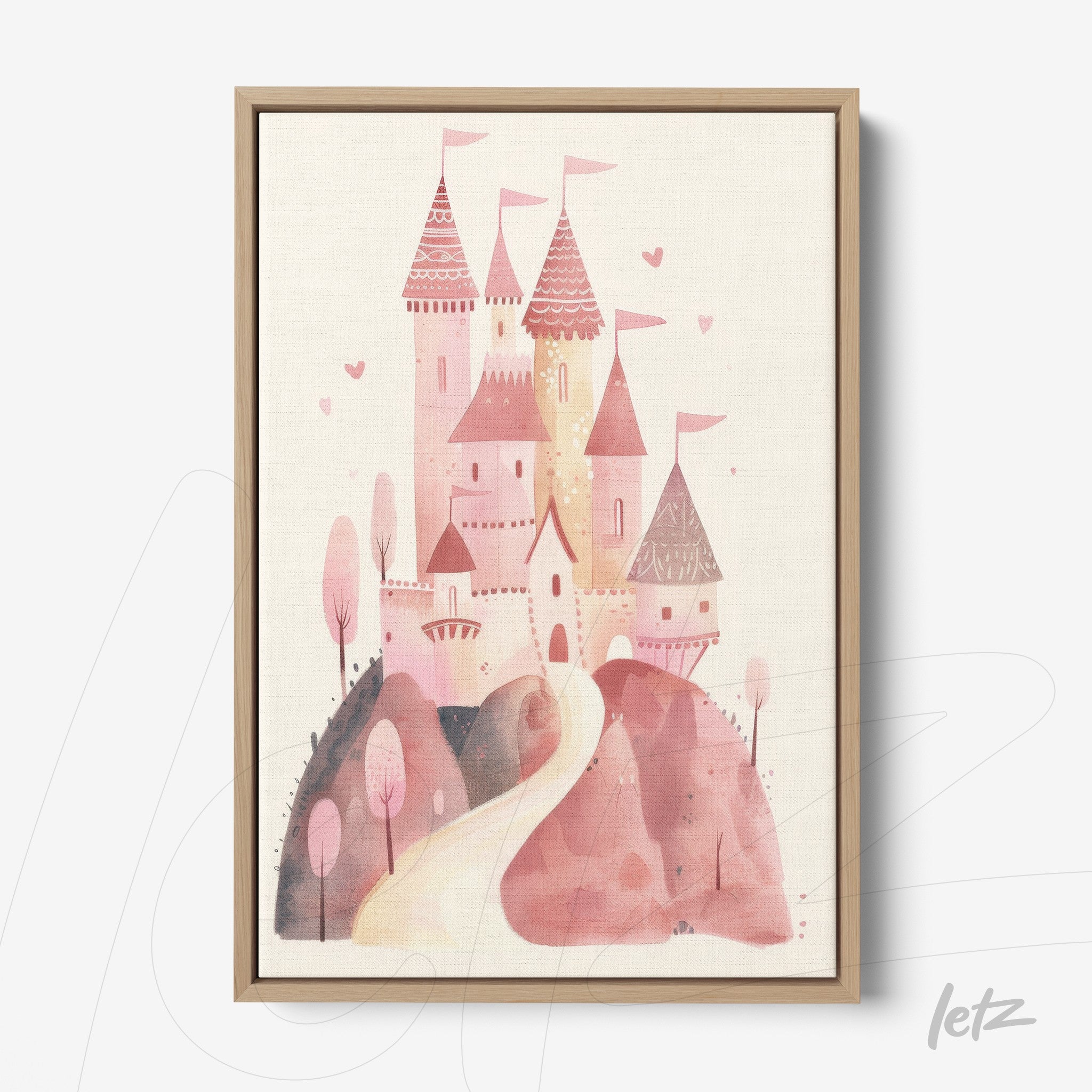framed artwork of a pink castle in a whimsical style with soft pastel colors
