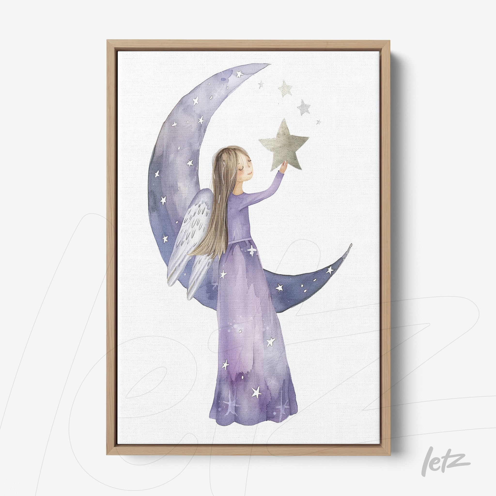 framed artwork of a girl angel in a lilac dress holding a star beside a crescent moon with a white background and light wooden frame