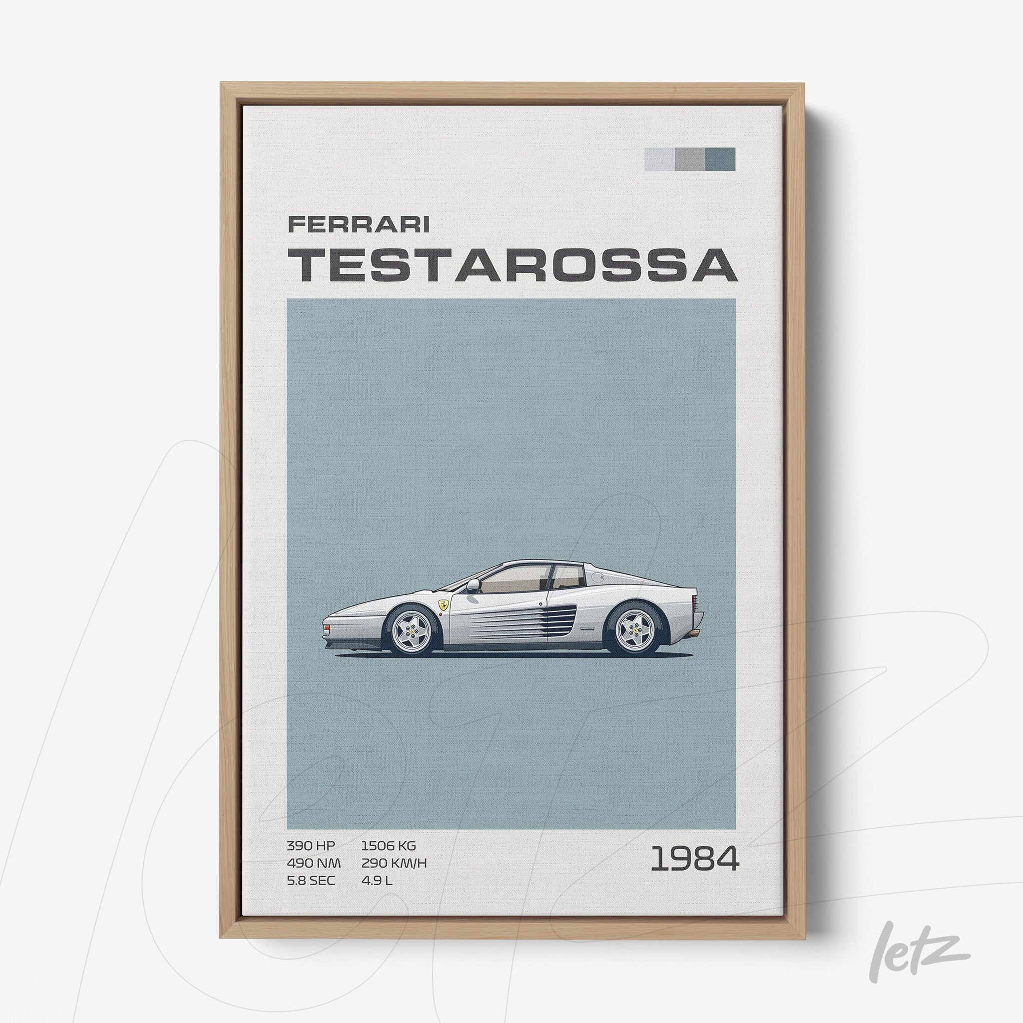 framed wall art featuring a minimalist illustration of a Ferrari Testarossa sports car with a light wood frame
