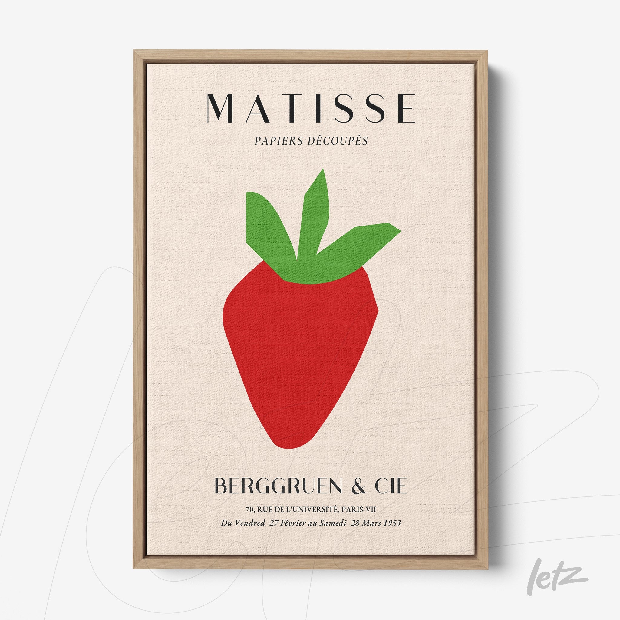 framed wall art featuring a modern illustration of a stylized strawberry on a light background