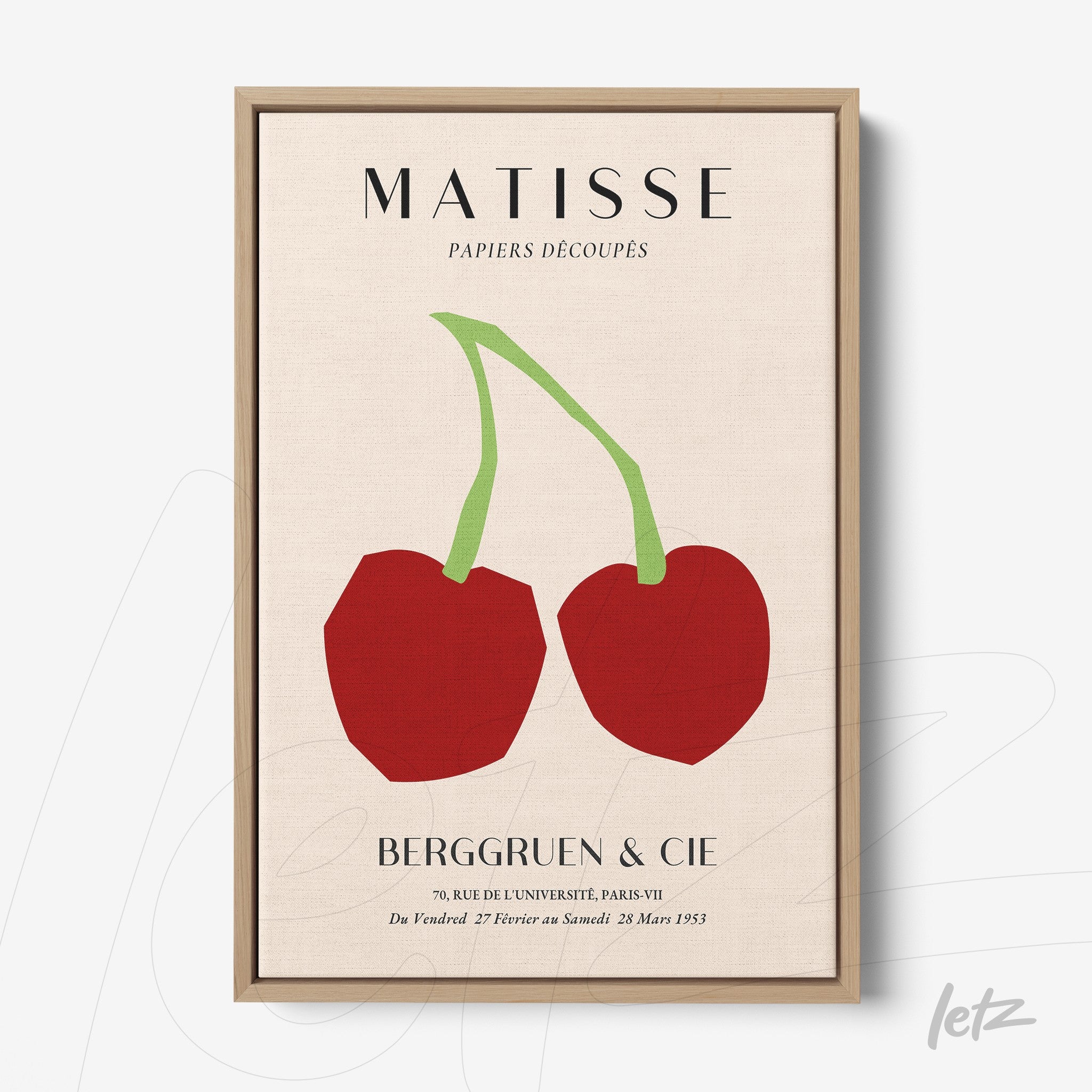 framed art by Matisse featuring stylized cherries on a neutral background with light frame