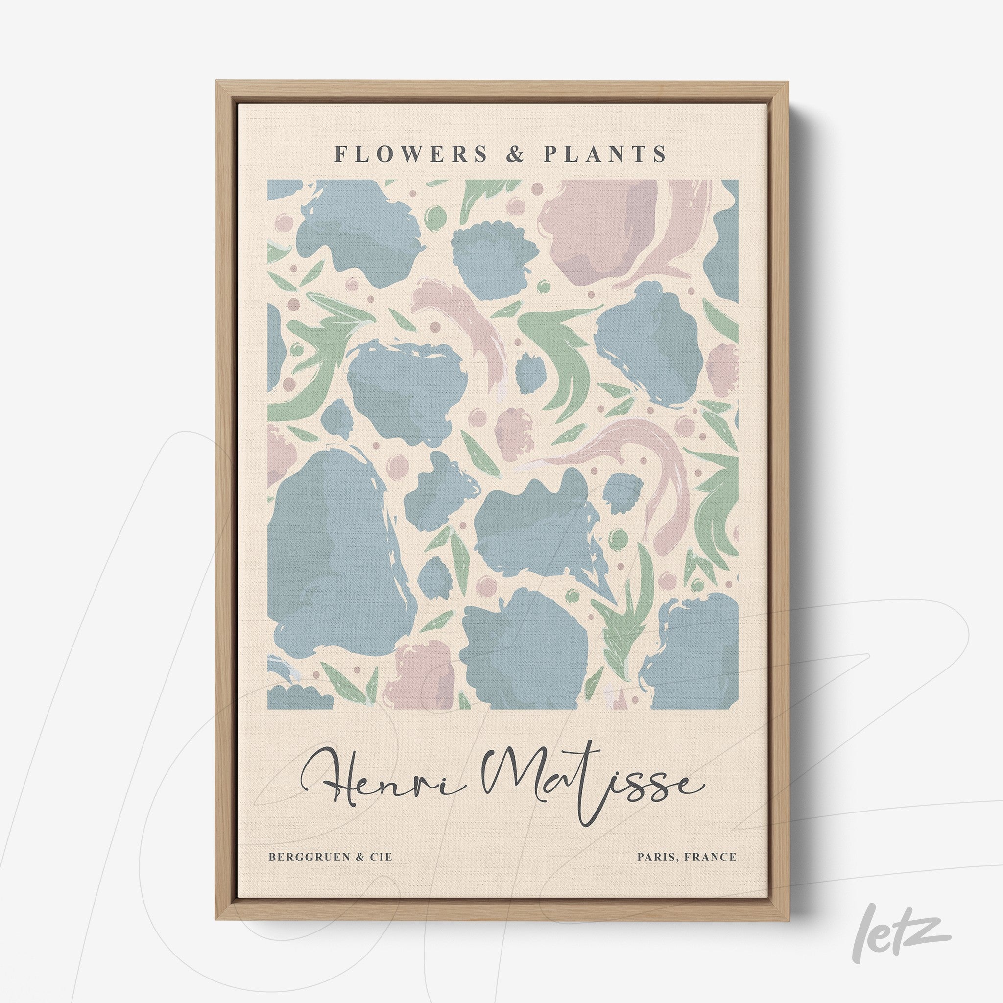 decorative wall art featuring a pastel floral pattern with light wood frame