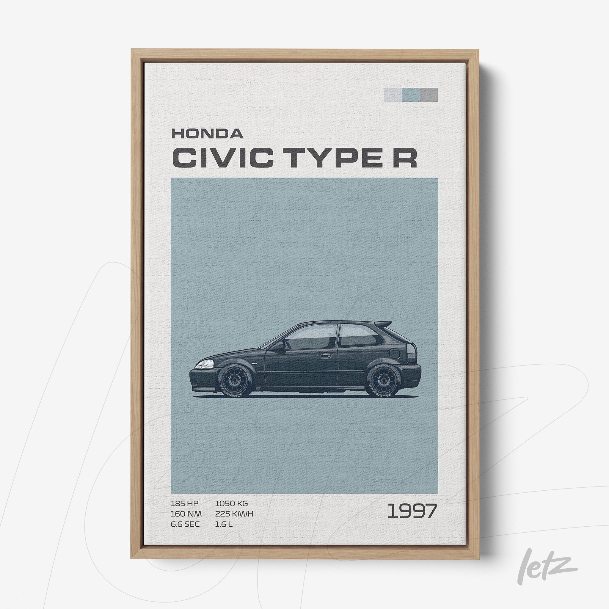 framed wall art featuring an illustration of the 1997 Honda Civic Type R with a light wood frame