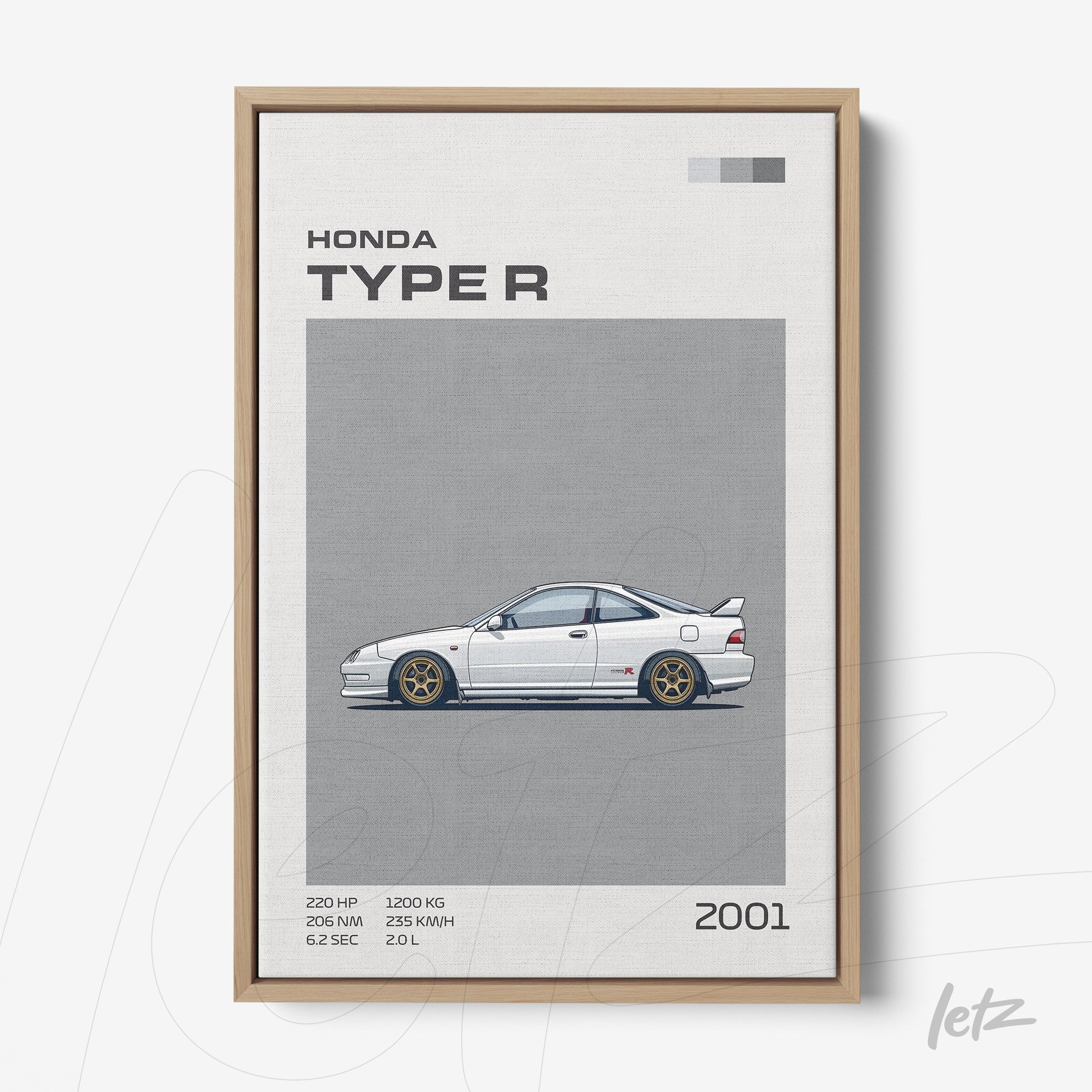 canvas print featuring a minimalist illustration of the 2001 Honda Type R in a light wood frame