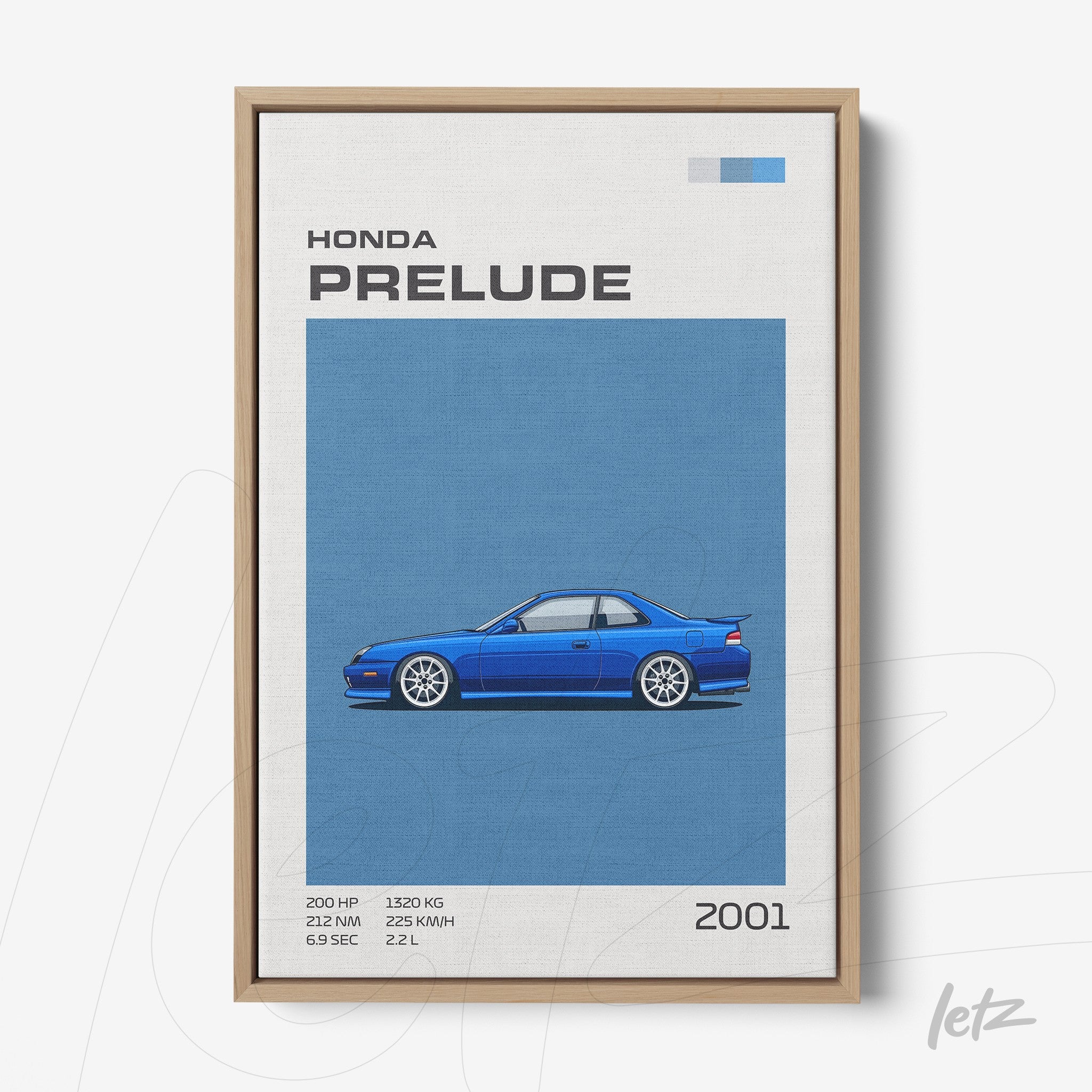 canvas print featuring an illustration of the 2001 Honda Prelude on a blue background with a light wood frame