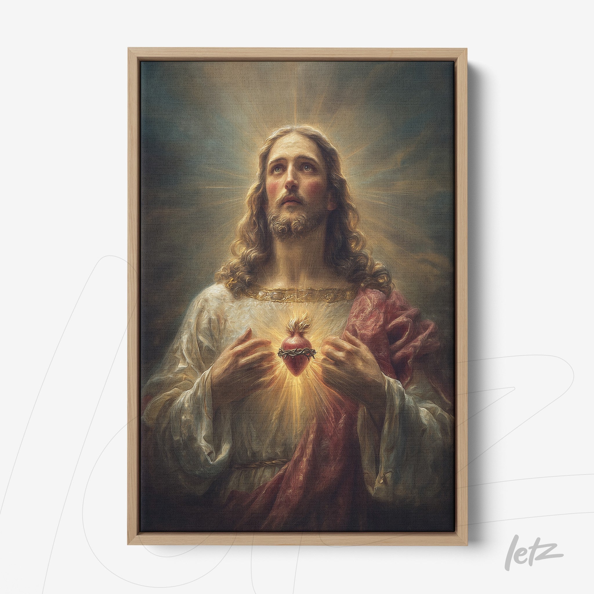 canvas artwork featuring a contemplative portrait of Jesus Christ showcasing the Sacred Heart illuminated in his chest, with a light wood frame