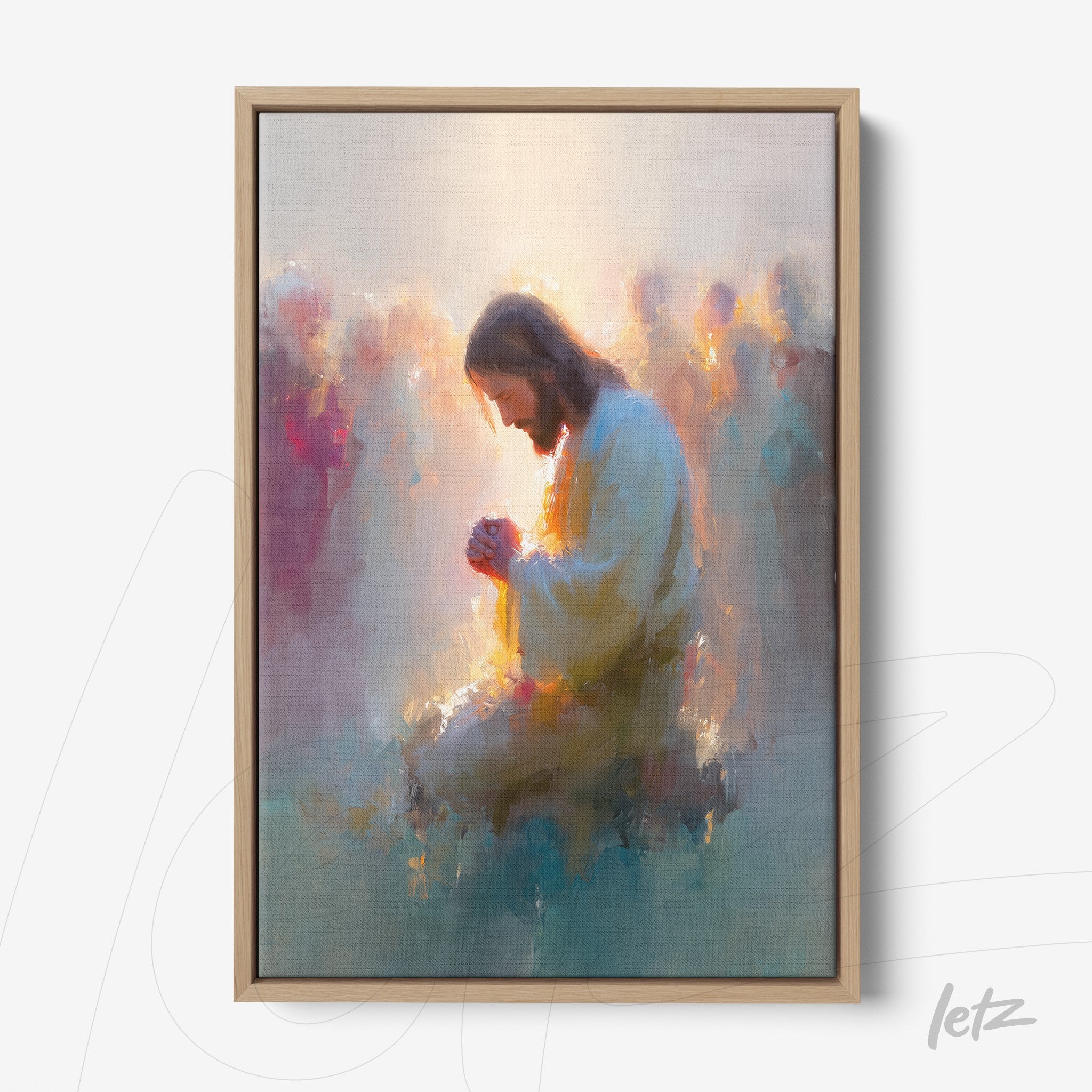 impressionist framed art of Jesus in prayer surrounded by blurred figures in soft hues with light wood frame