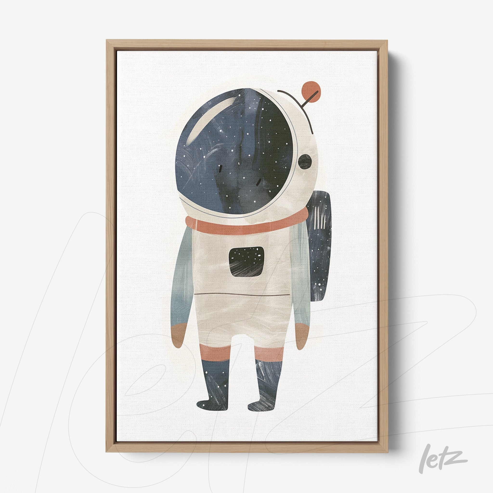 framed artwork of a cute astronaut illustration with a light wood frame