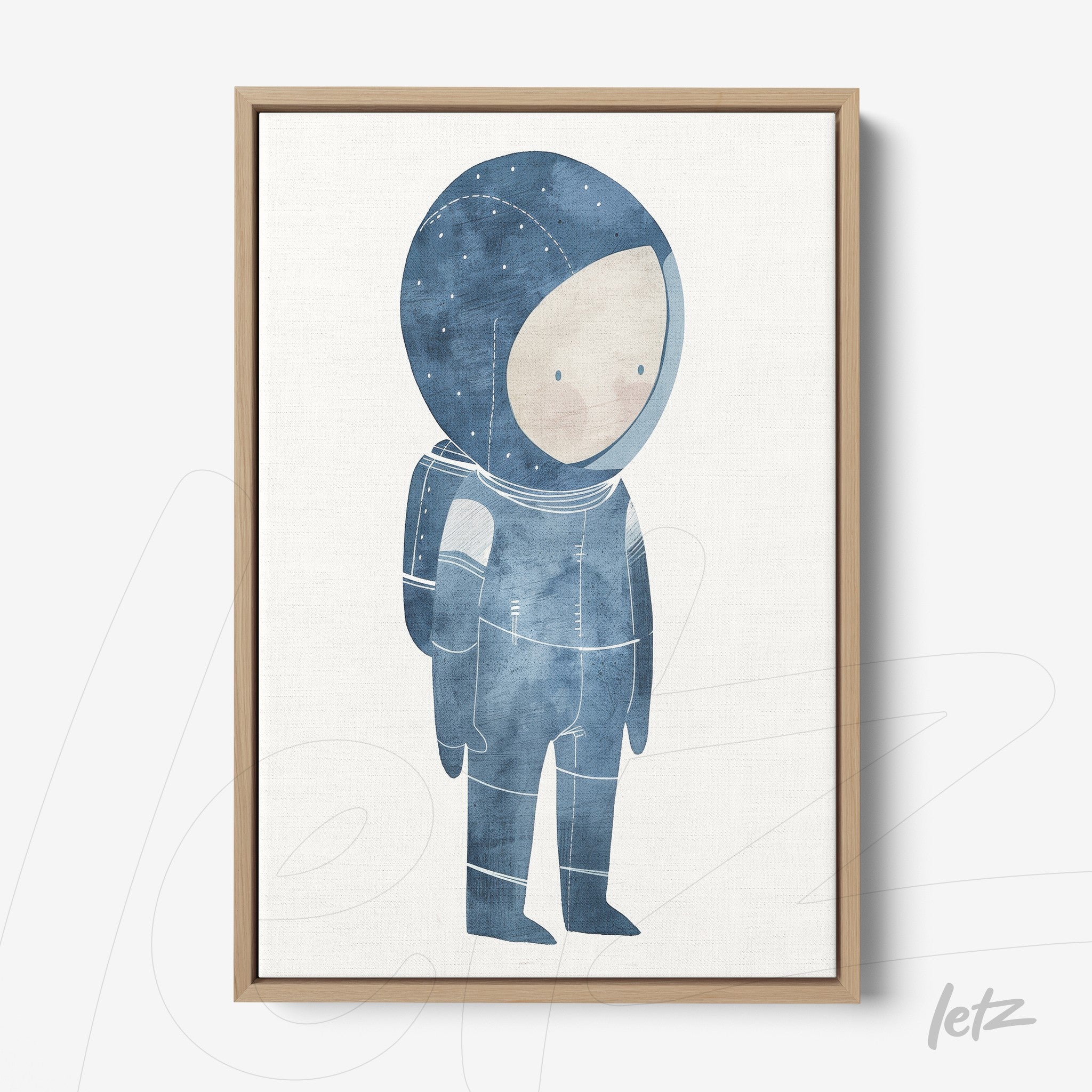 illustration of an astronaut in shades of blue framed in light wood
