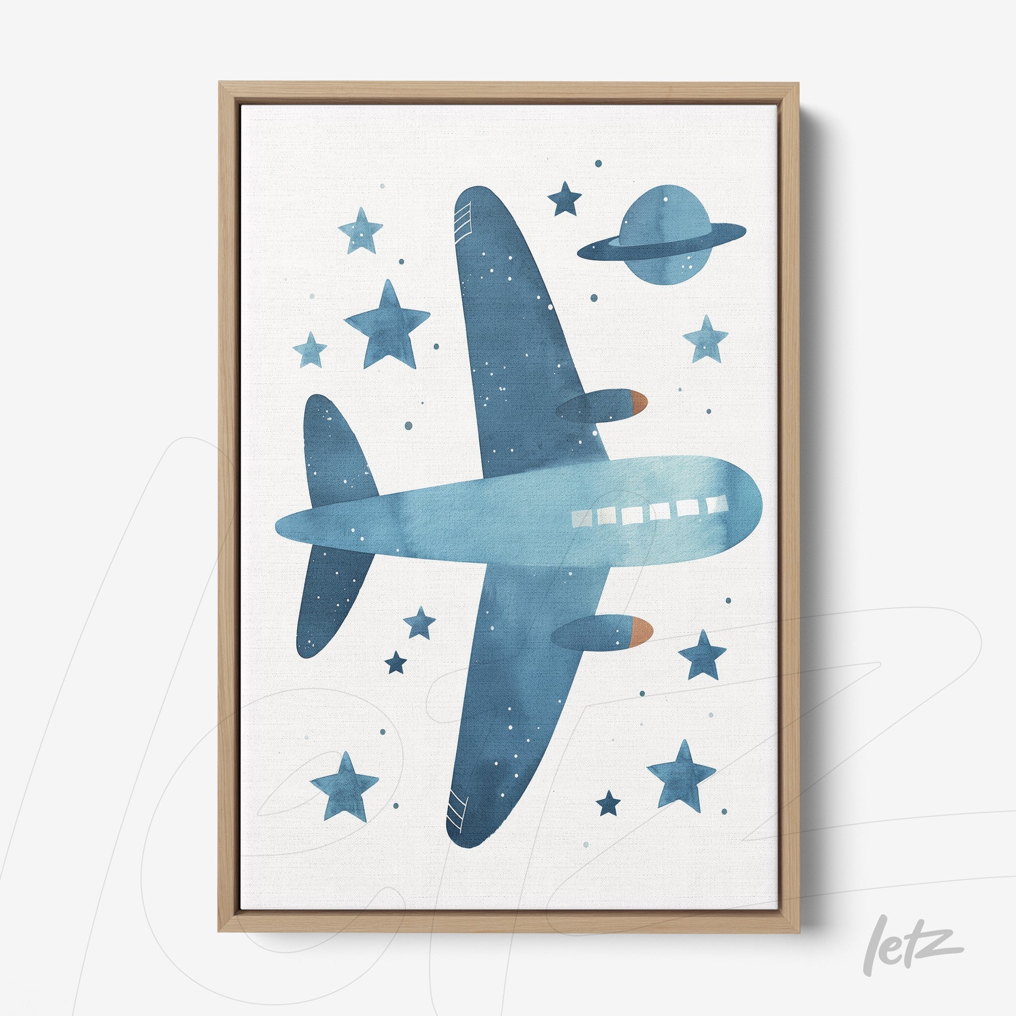 framed artwork featuring a blue airplane on a light background with stars and a planet
