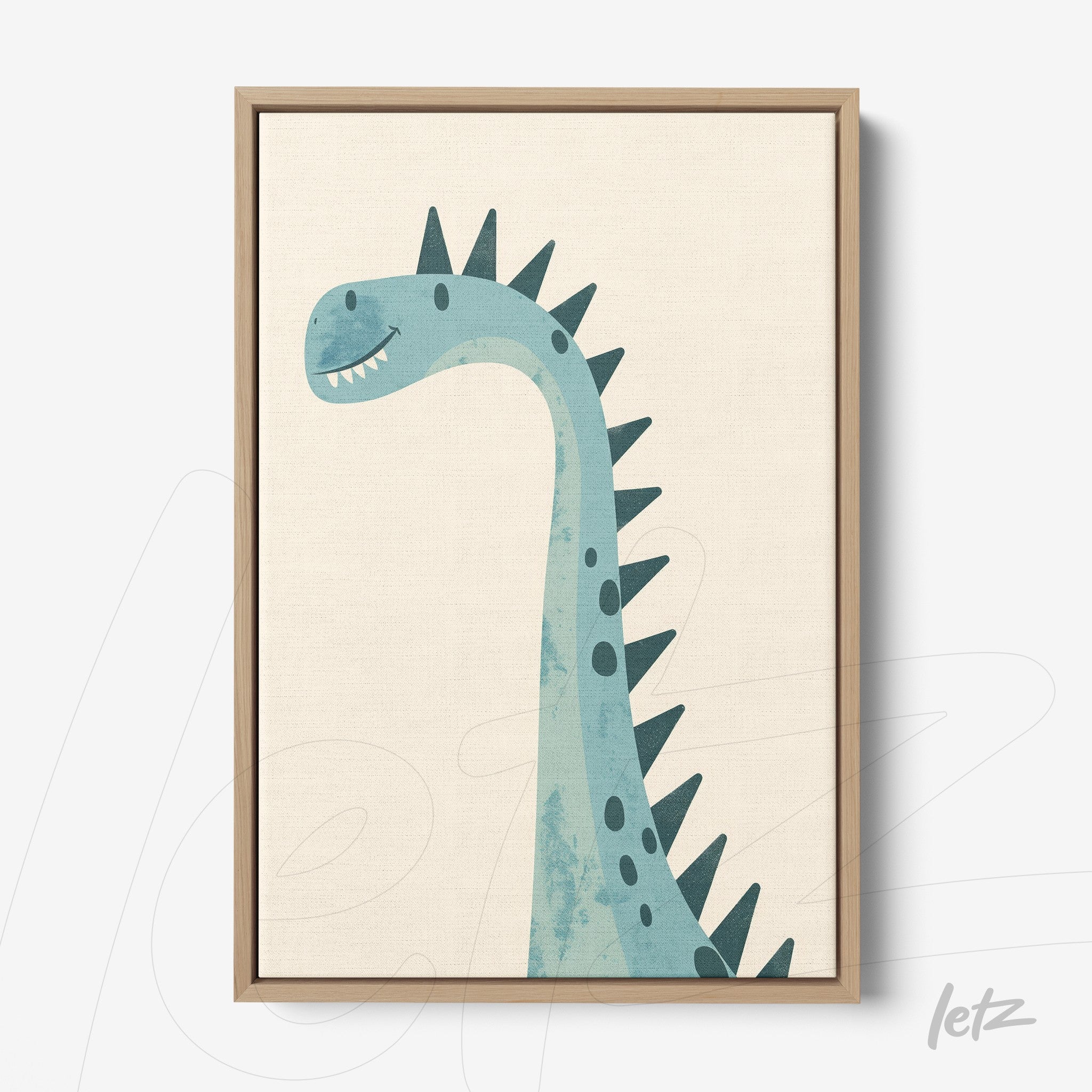 framed wall art featuring a blue dinosaur with black spikes and a playful expression