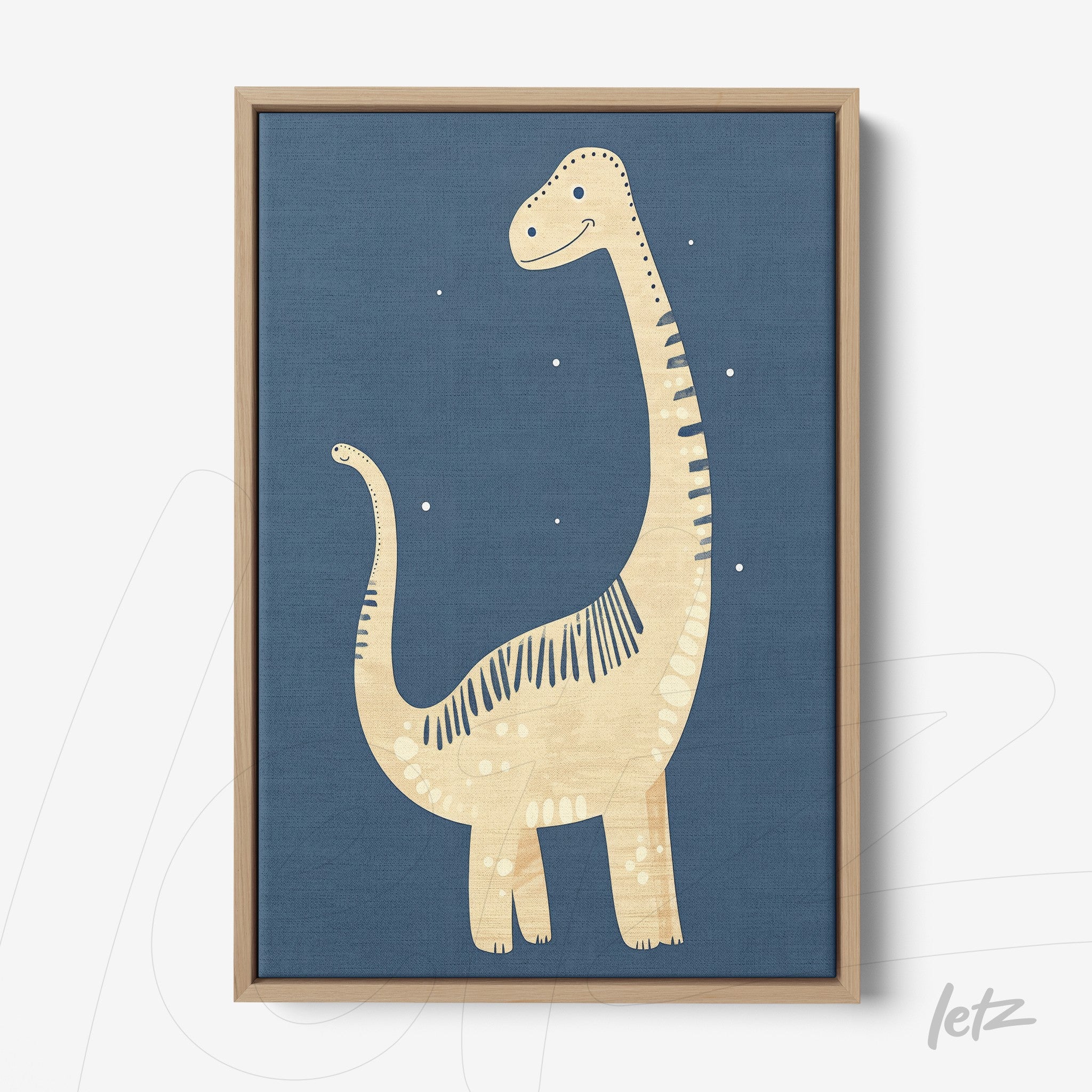 framed wall art featuring a cheerful dinosaur on a dark blue background with a light wood frame
