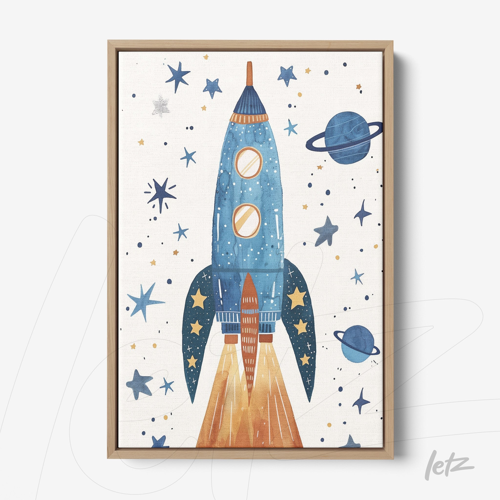 framed children's art of a blue rocket launching amidst stars and planets with light wood frame
