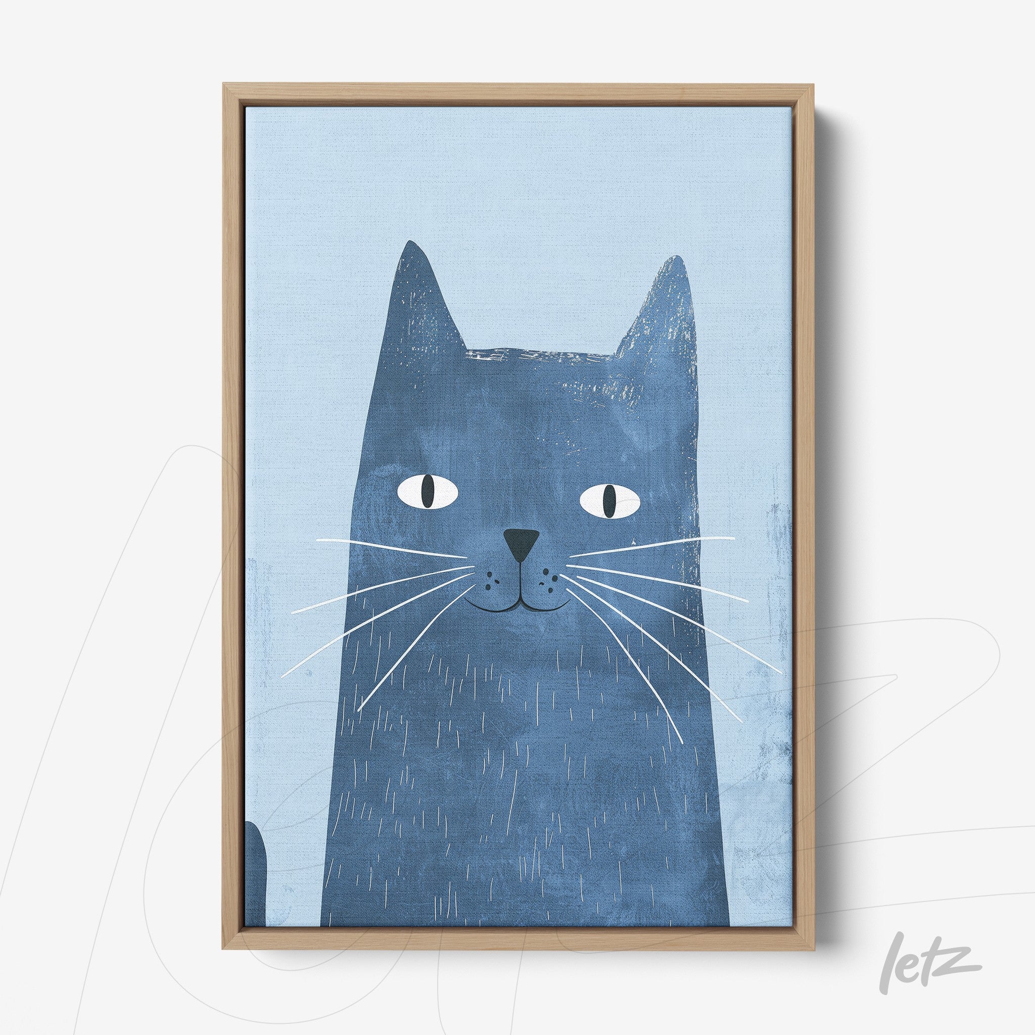 framed wall art featuring a blue cat illustration on a light background with a light wood frame