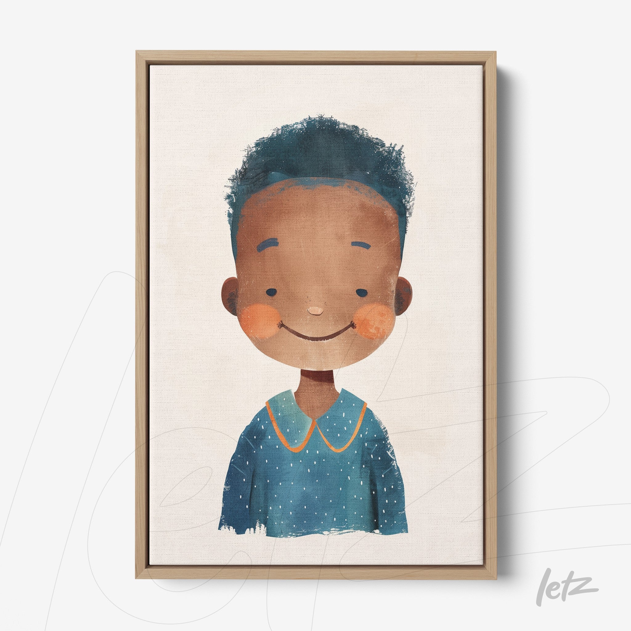 framed artwork featuring a smiling boy with curly hair in a light wood frame