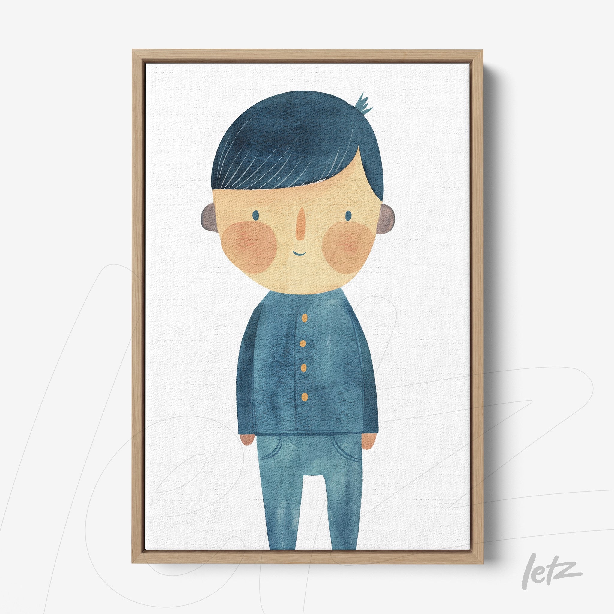 framed artwork featuring a smiling boy illustration in blue tones with a light wood frame