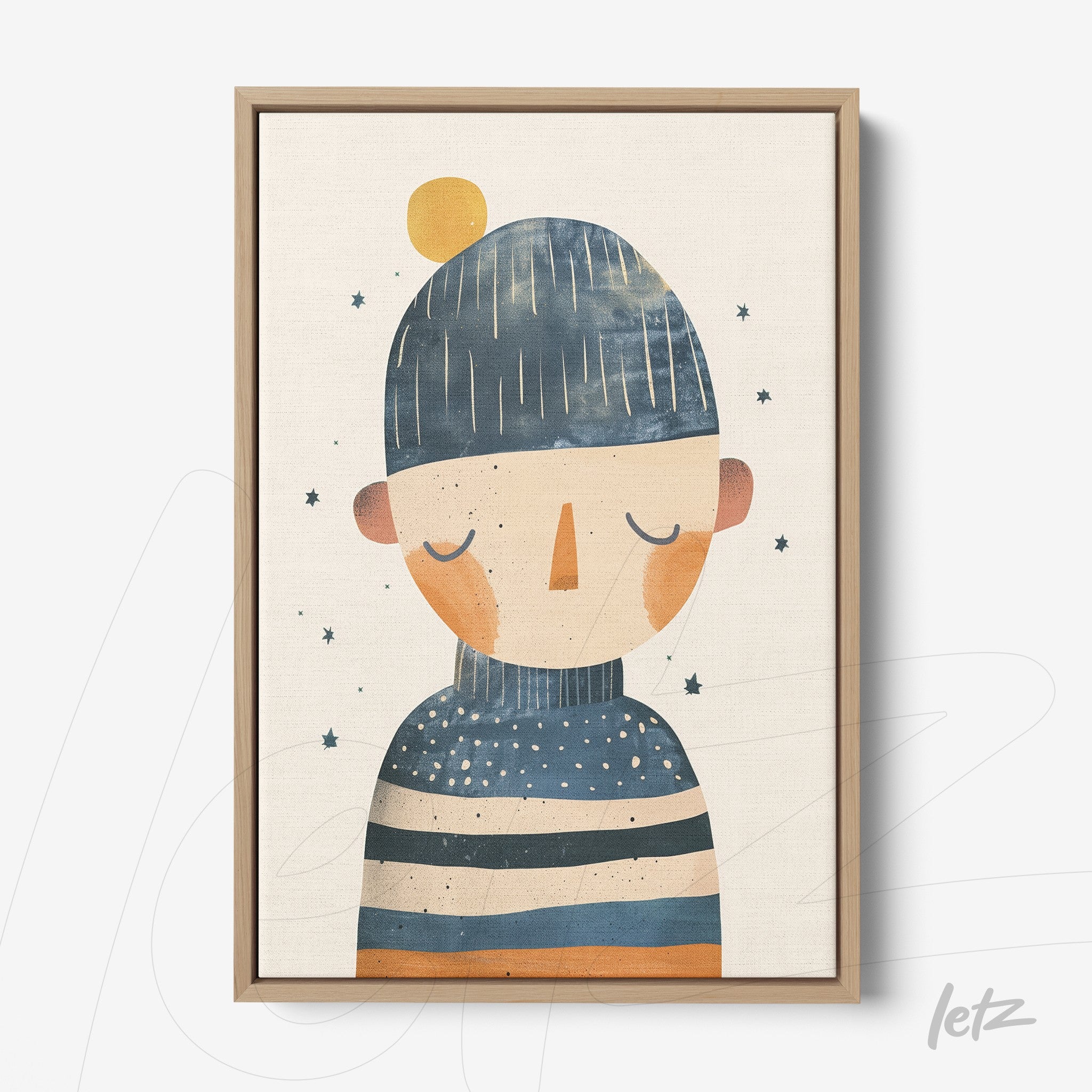 framed artwork featuring a character wearing a beanie and striped sweater with light wooden frame