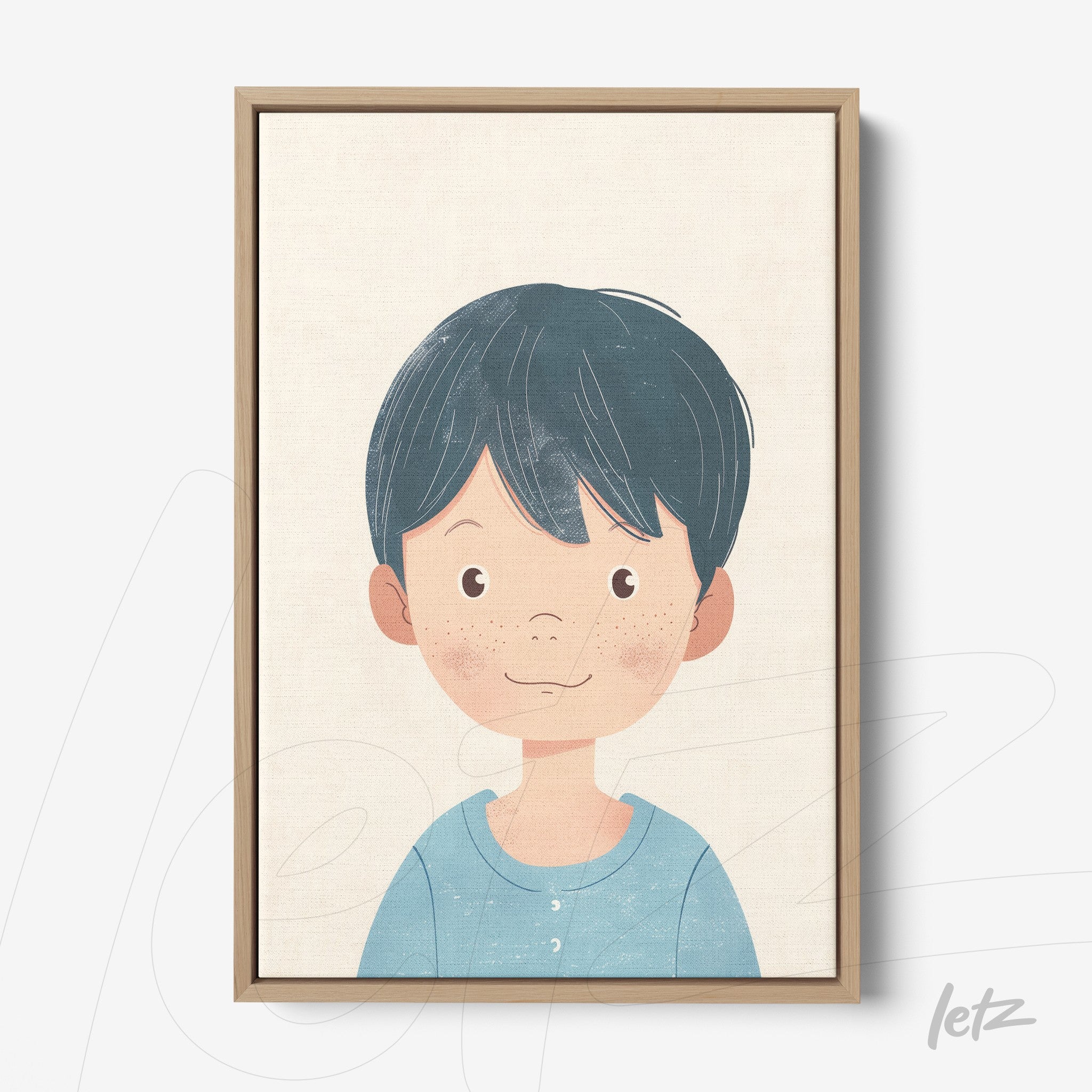 framed wall art featuring a smiling boy illustration with short blue hair and light wooden frame