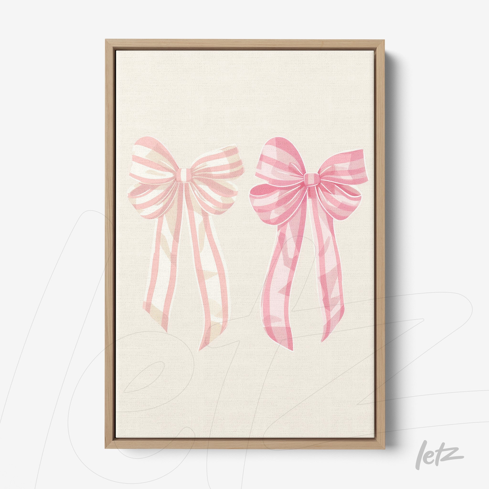 canvas print featuring illustration of pink ribbons on light background in light wood frame