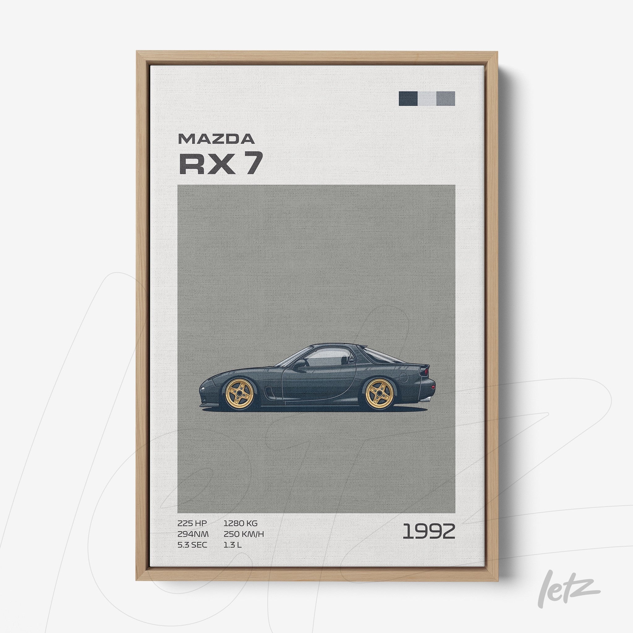 framed artwork featuring a Mazda RX-7 illustration with light wood frame