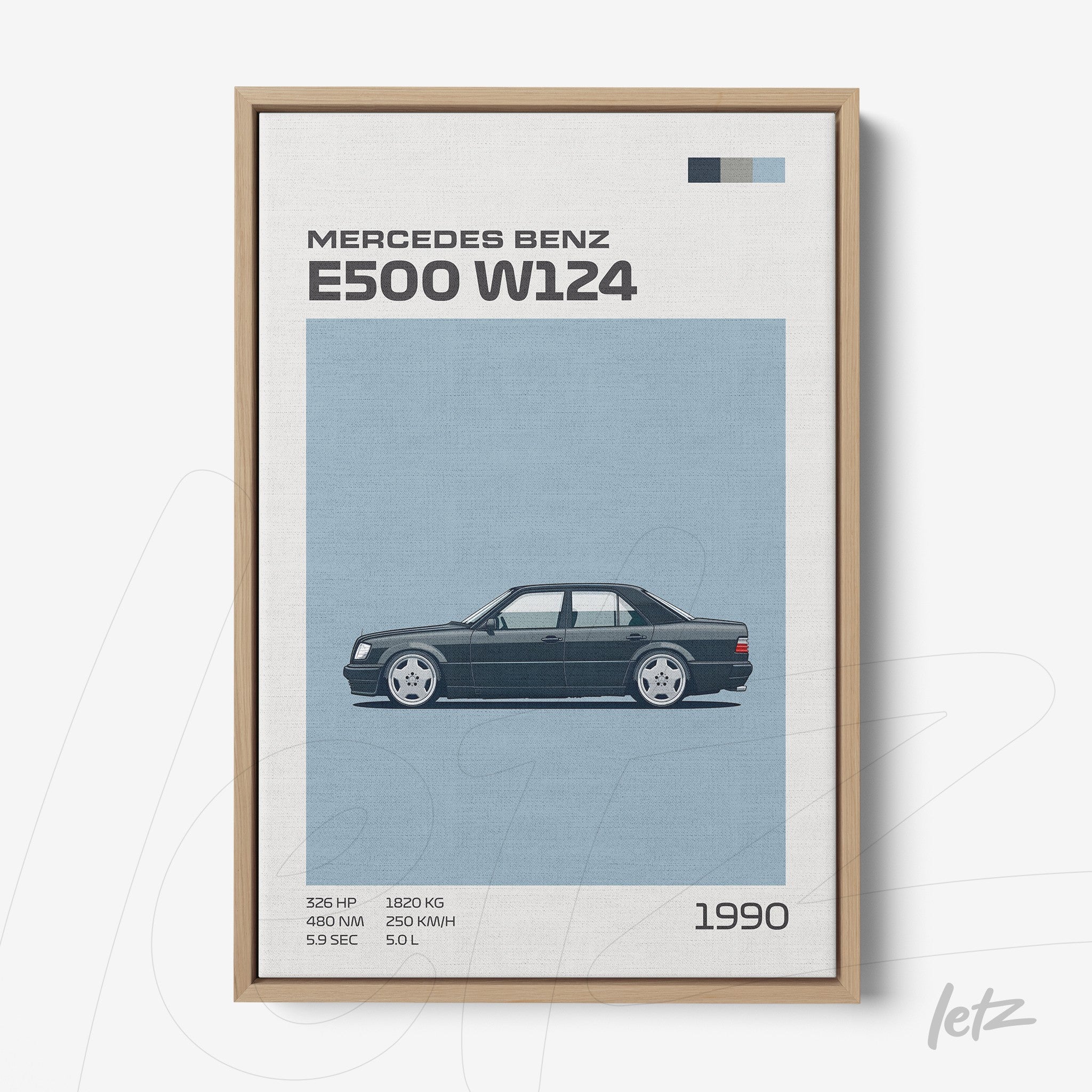framed wall art featuring an illustration of the Mercedes Benz E500 W124 with a blue background and graphic details