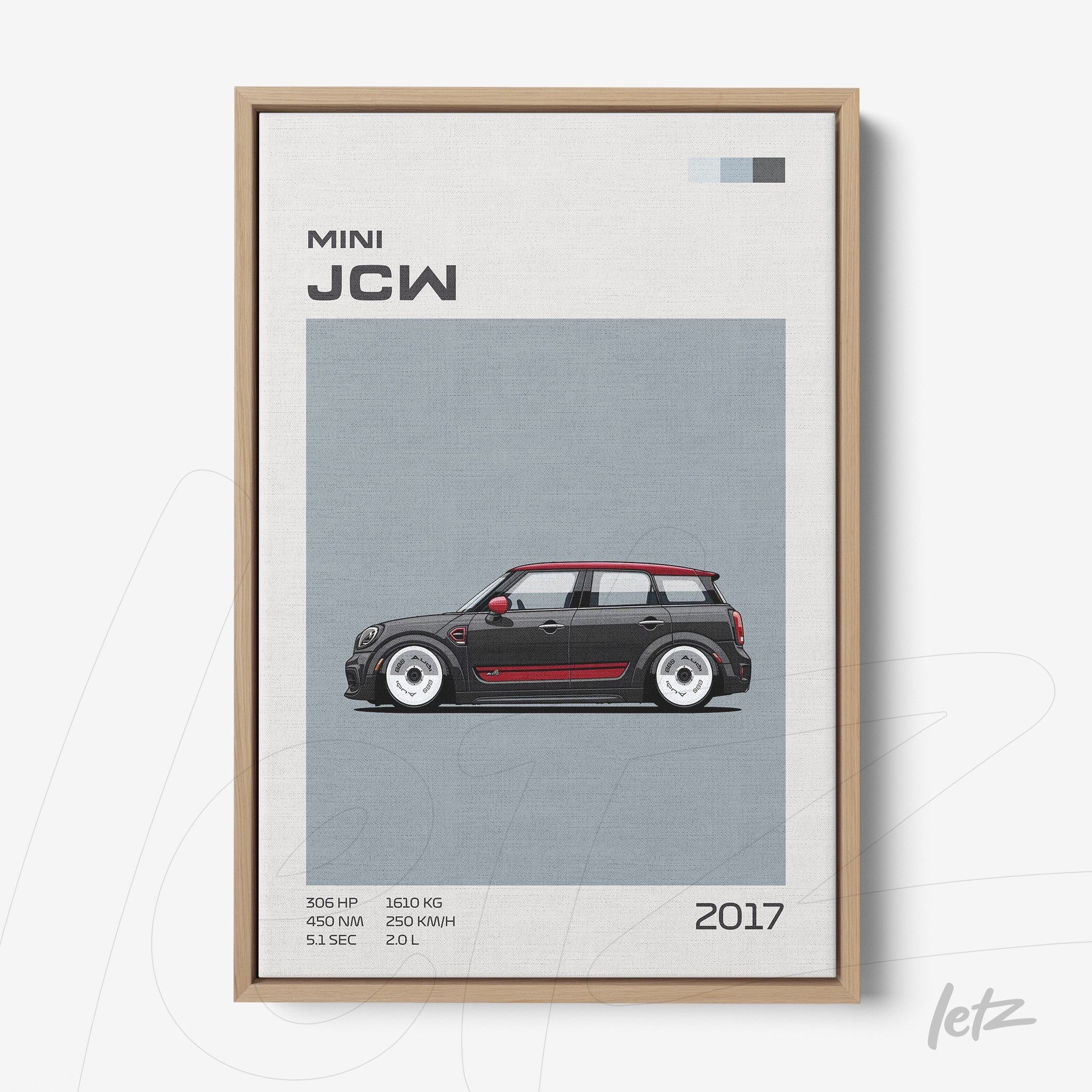 canvas art featuring a Mini JCW car design on gray background with light wood frame