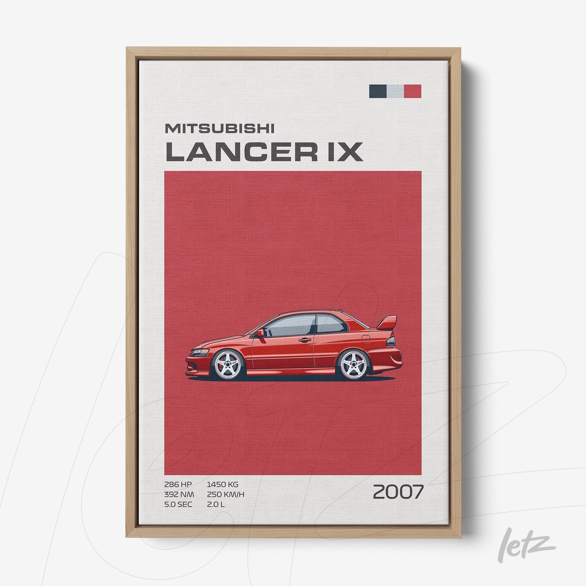 framed wall art featuring a graphic of Mitsubishi Lancer IX on a red background with light wooden frame