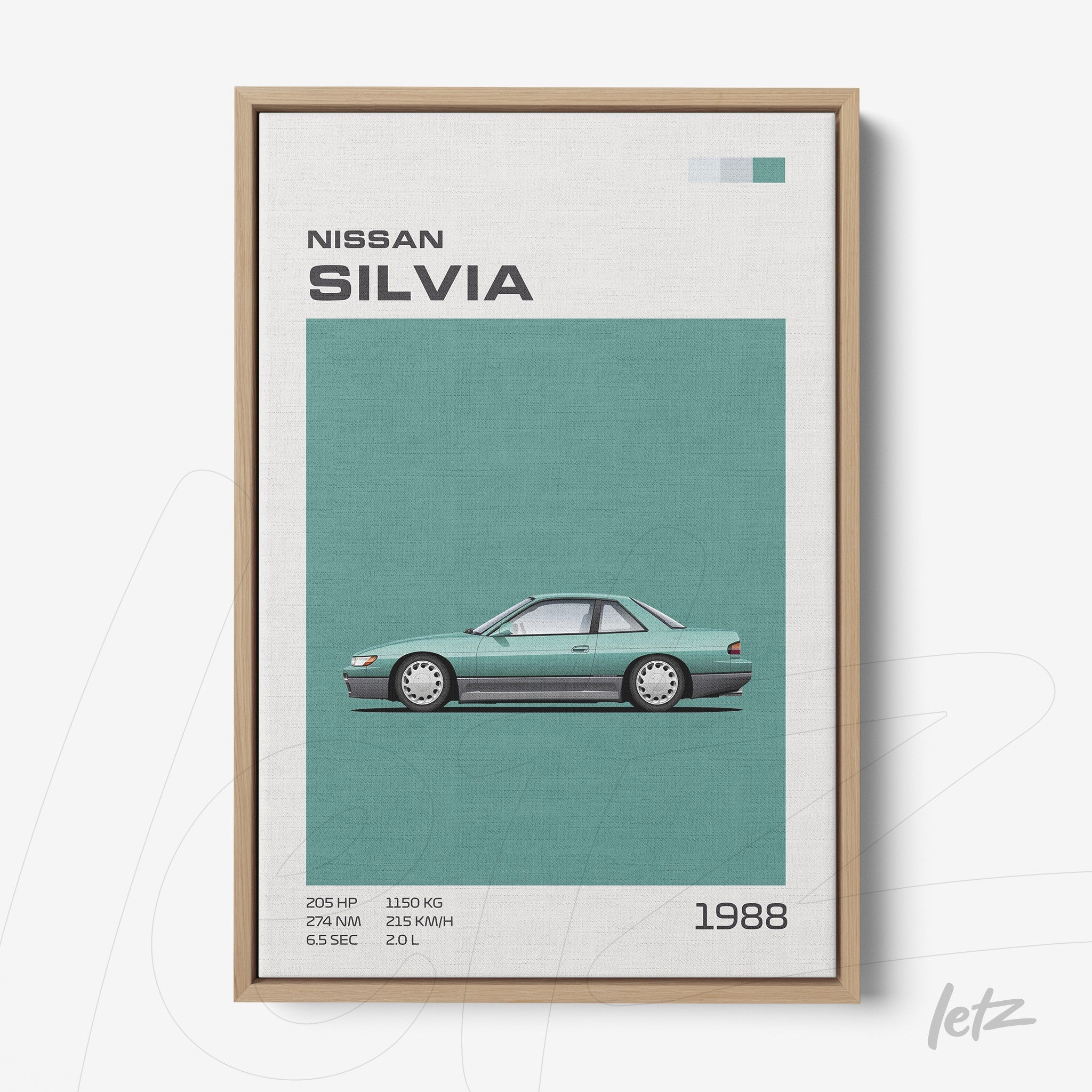 framed wall art featuring illustration of Nissan Silvia car on mint green background with light wood frame