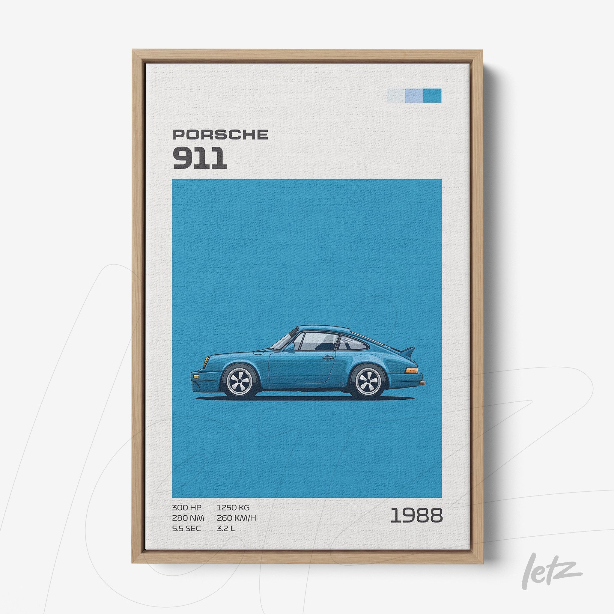 framed wall art featuring a digital illustration of a Porsche 911 on a blue background with a light wood frame