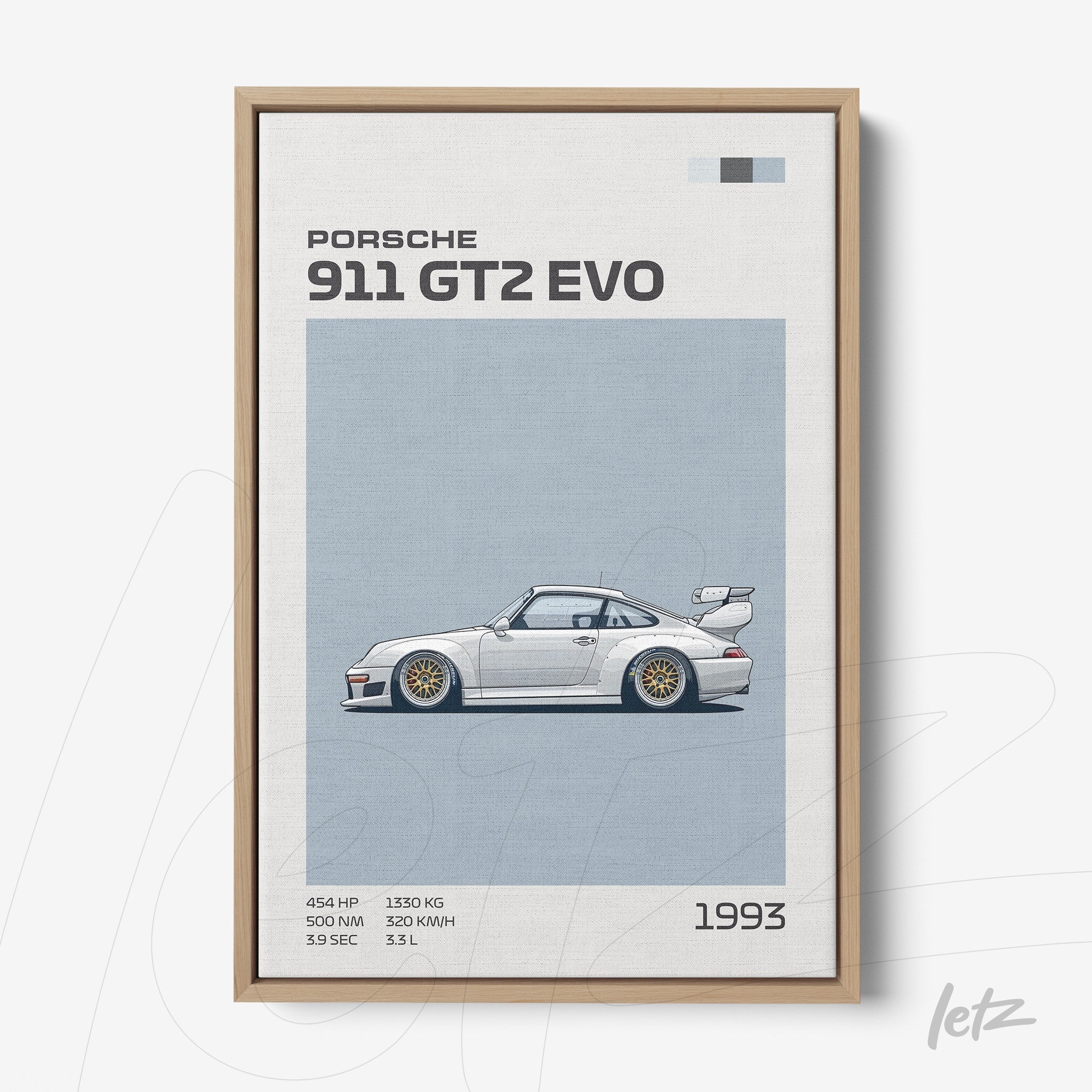 framed digital illustration of the 1993 Porsche 911 GT2 EVO with a light wood frame