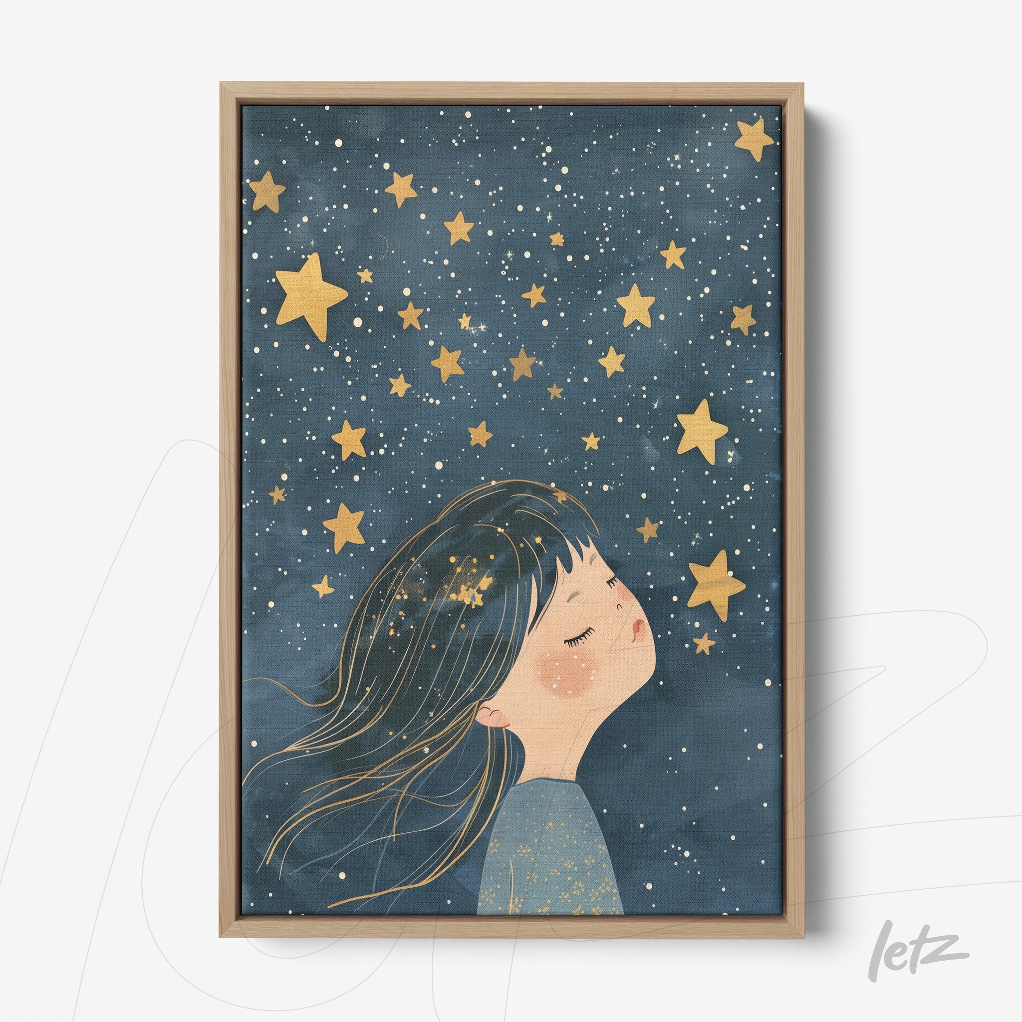 framed illustration of a dreaming girl under a starry sky with light wood frame