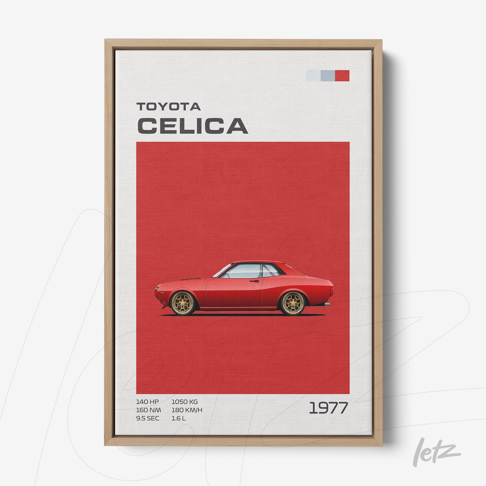framed poster featuring a minimalist illustration of a 1977 Toyota Celica on a red background with light wood frame