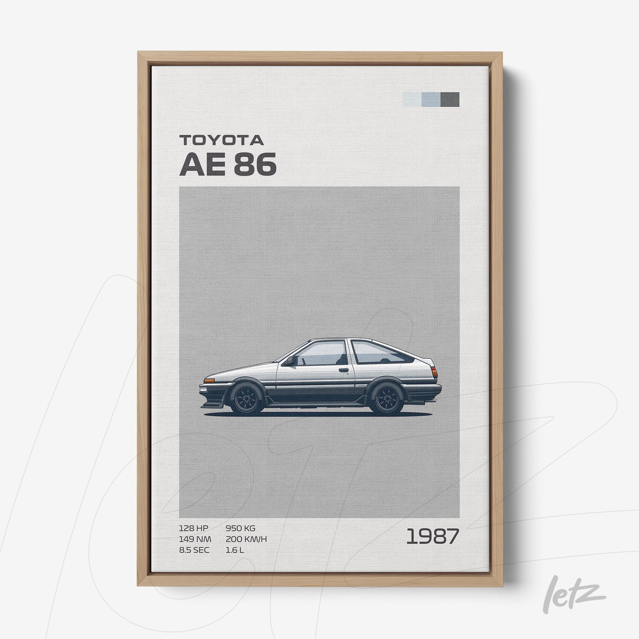 framed digital art of Toyota AE 86 in light wood frame