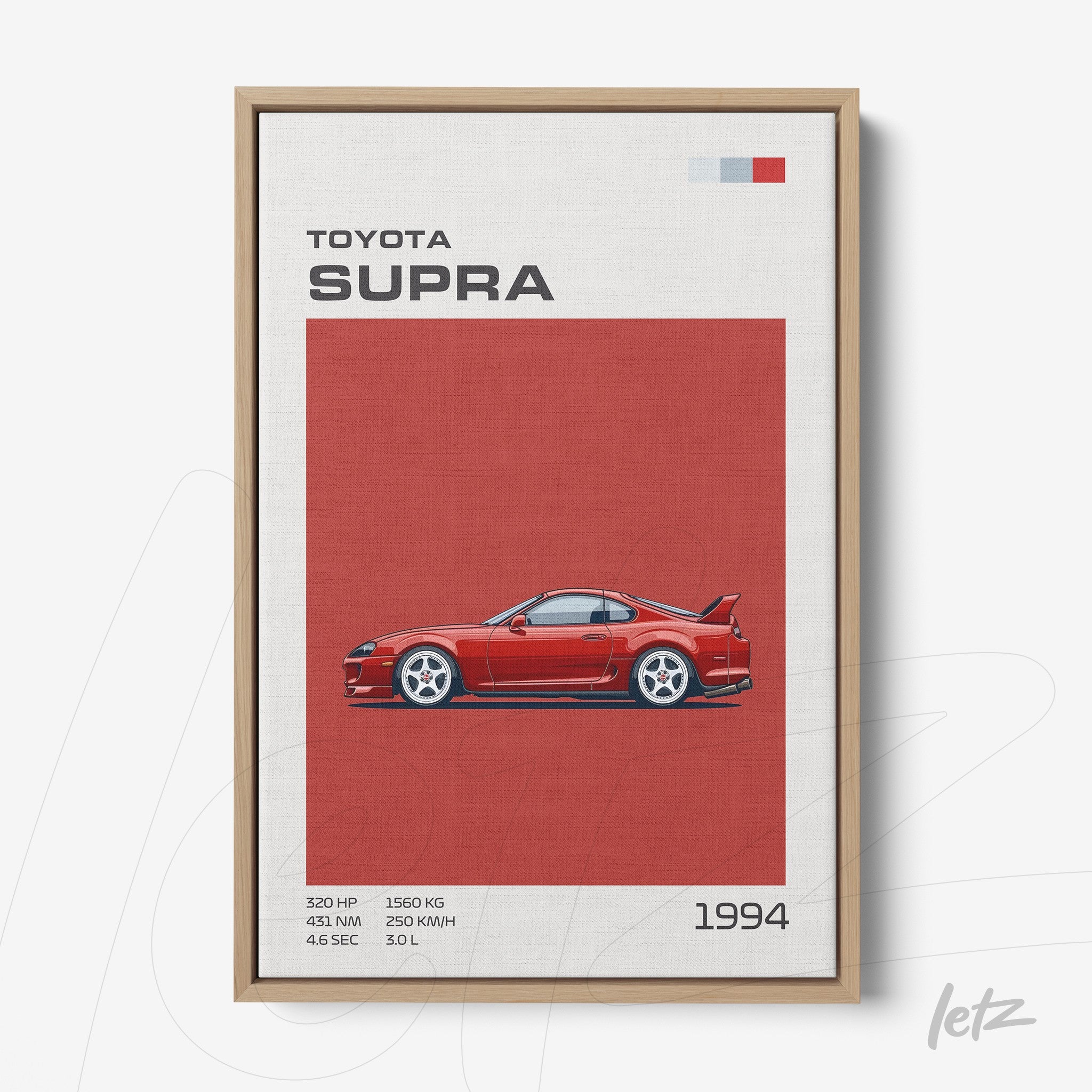 framed wall art featuring a detailed illustration of the 1994 Toyota Supra in red against a light background and light wood frame