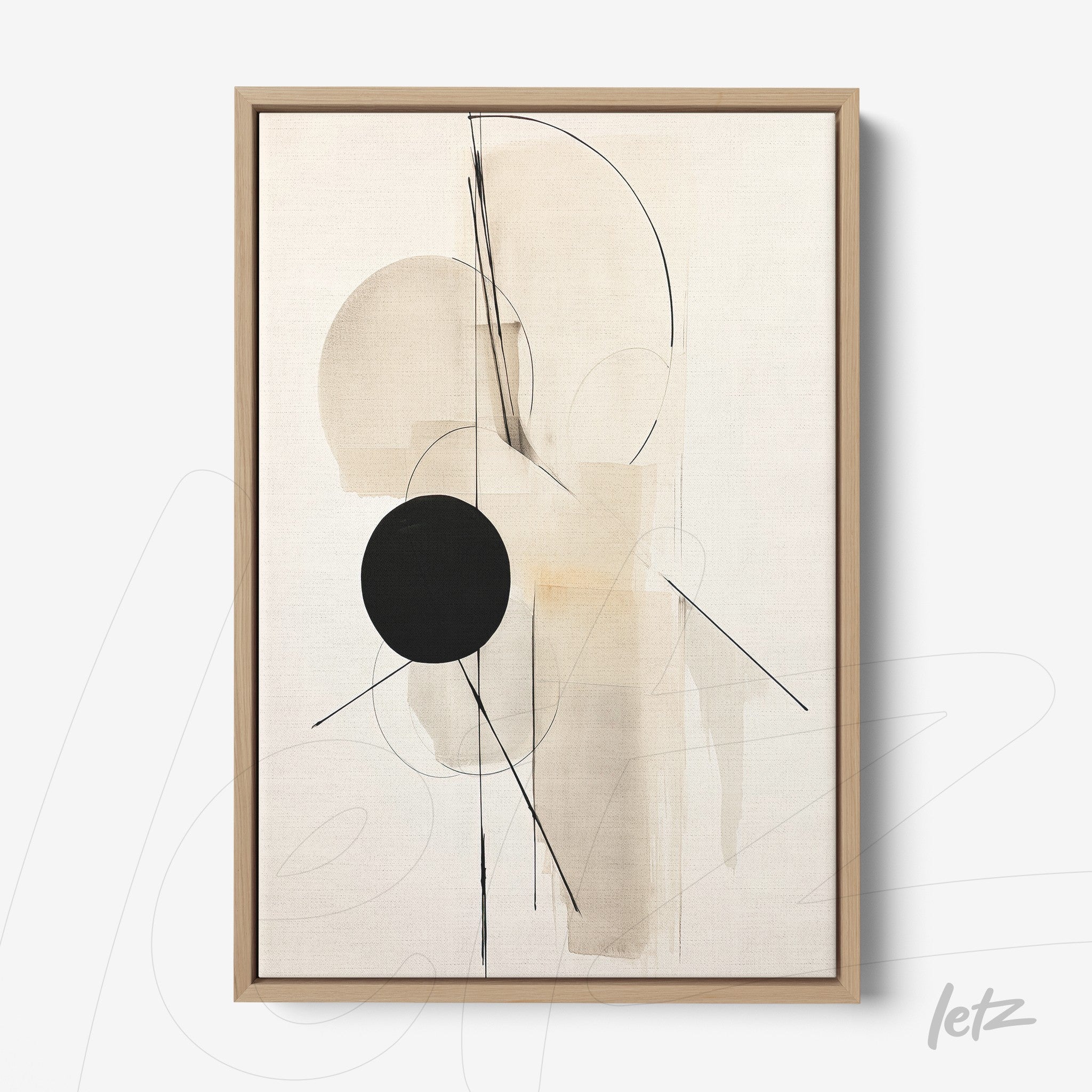 abstract artwork featuring geometric shapes in neutral tones with a black circle, framed in light wood