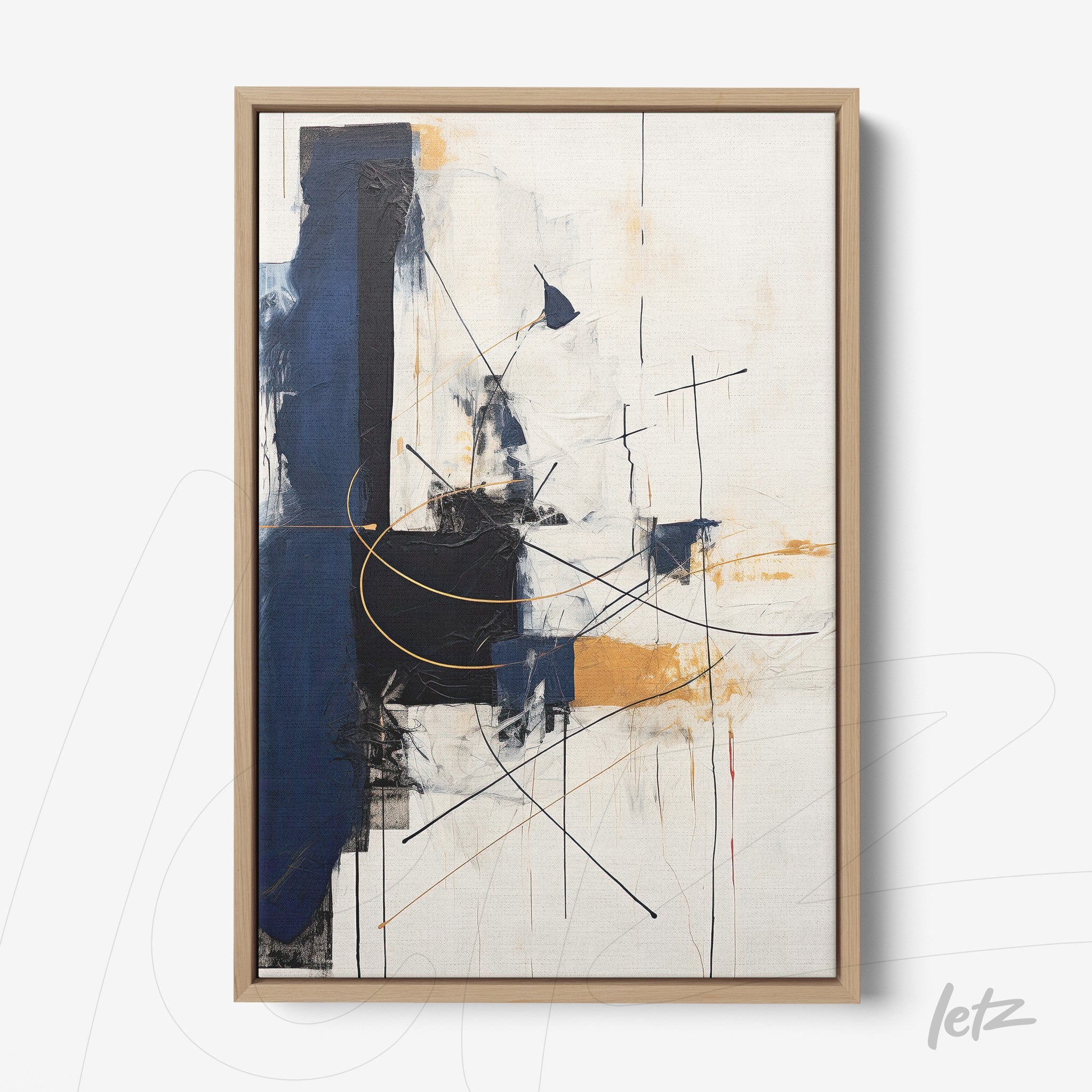 abstract wall art in shades of blue and gold with light wood frame