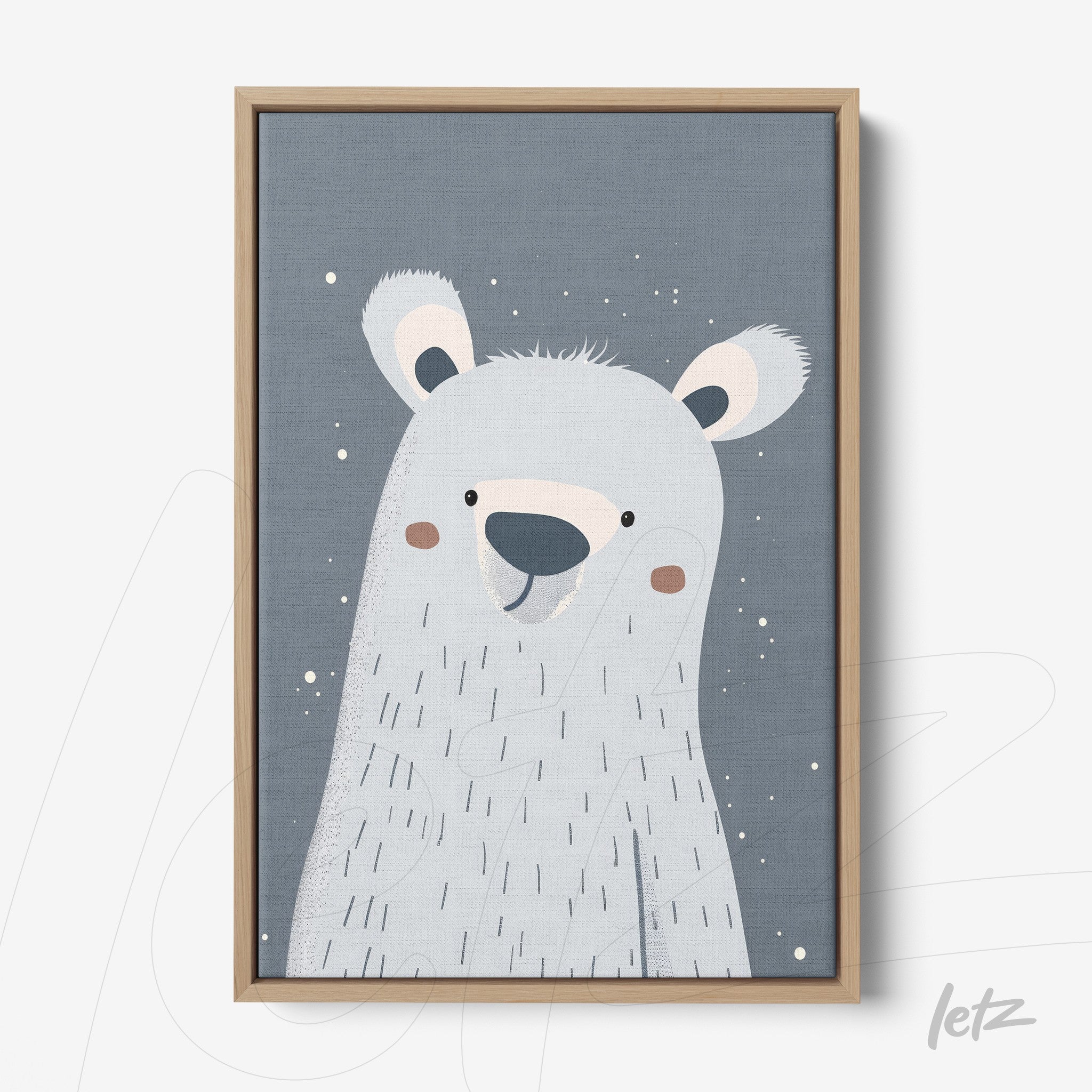 framed artwork of a smiling polar bear on a bluish-gray background with light wooden frame