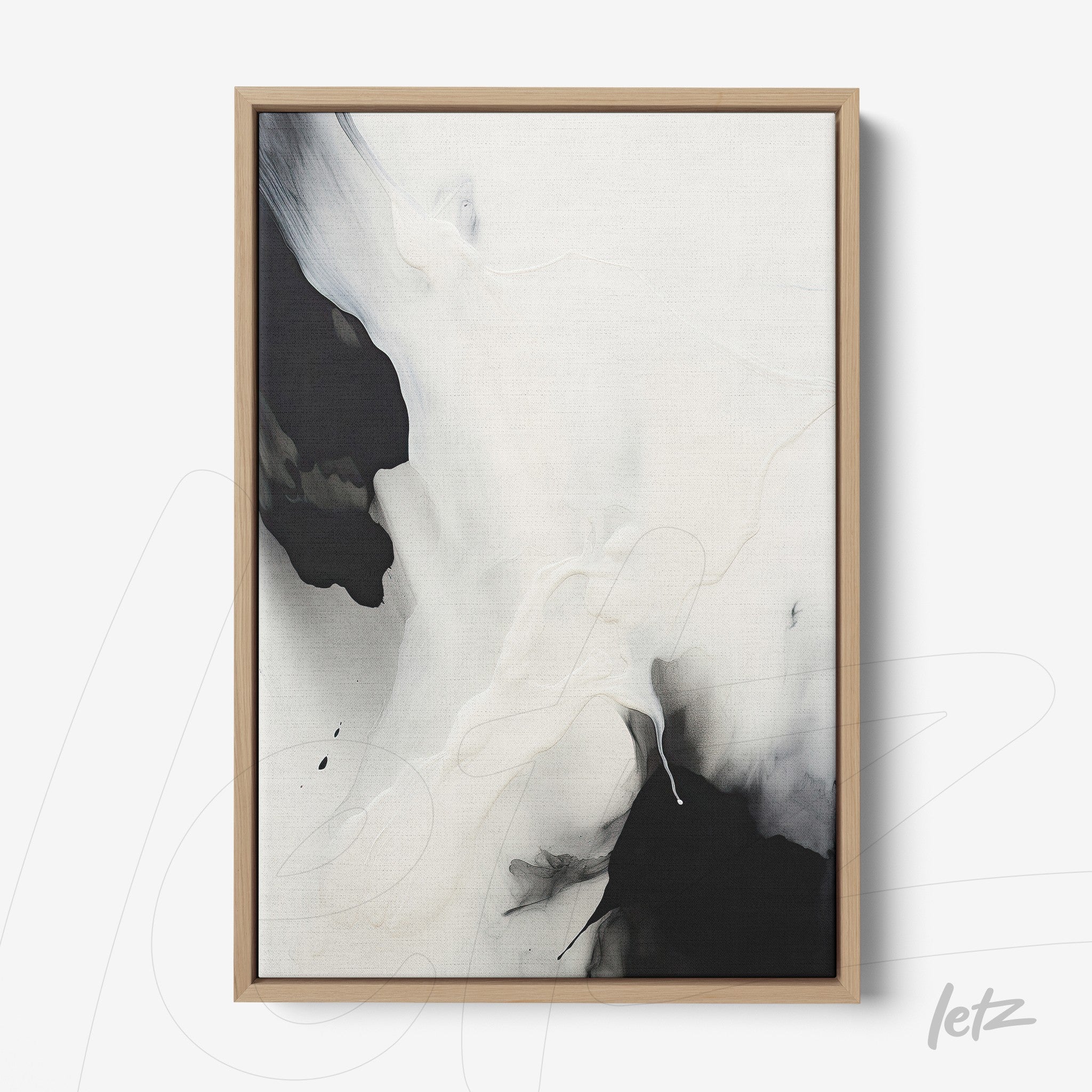 abstract wall art in black and white with fluid elements, featuring a light wood frame