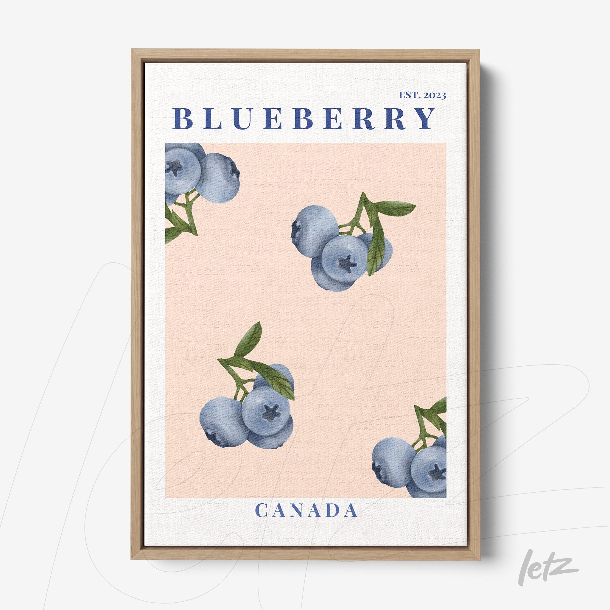 decorative wall art featuring blueberry illustration on light pink background with light wood frame