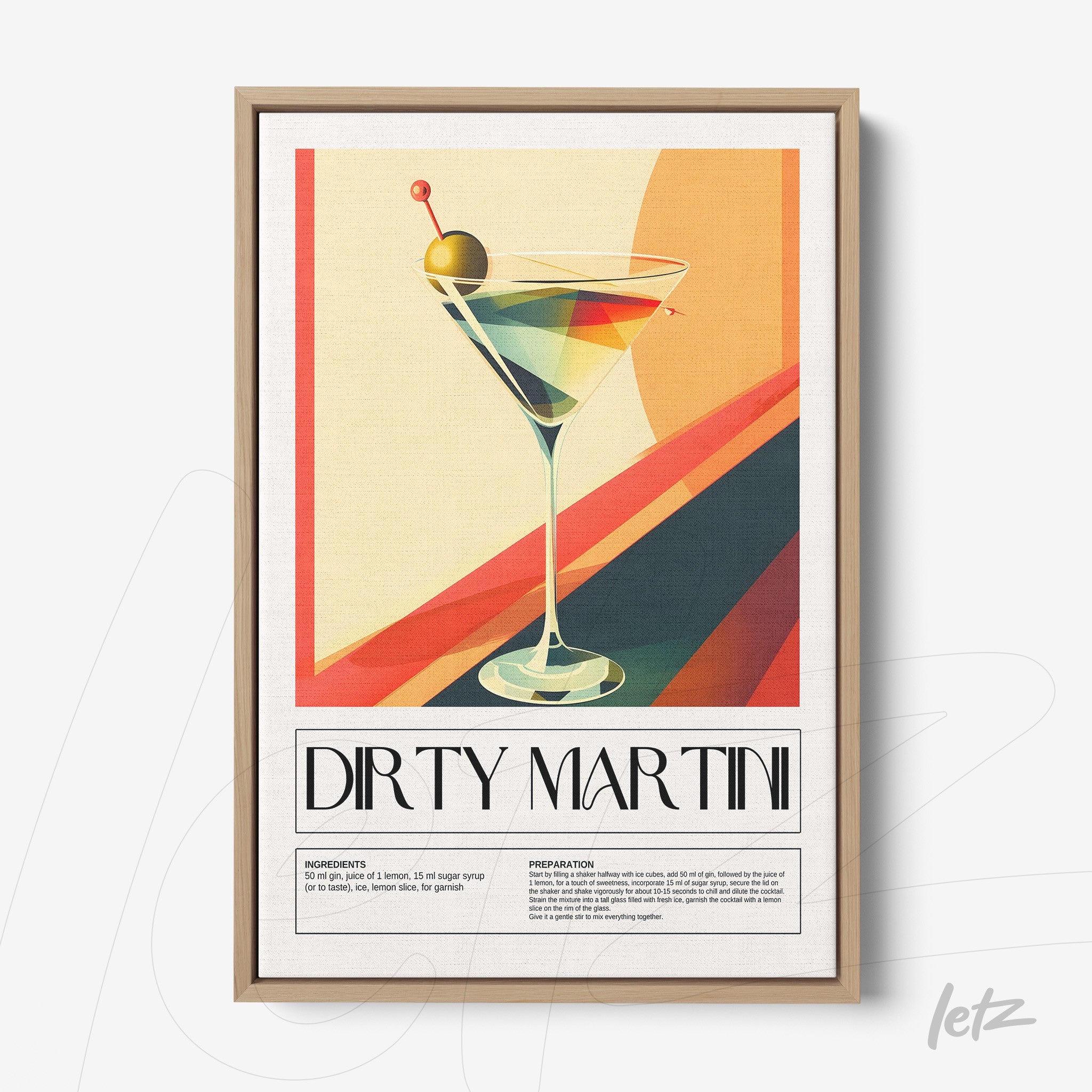 stylized wall art of a dirty martini with a light frame