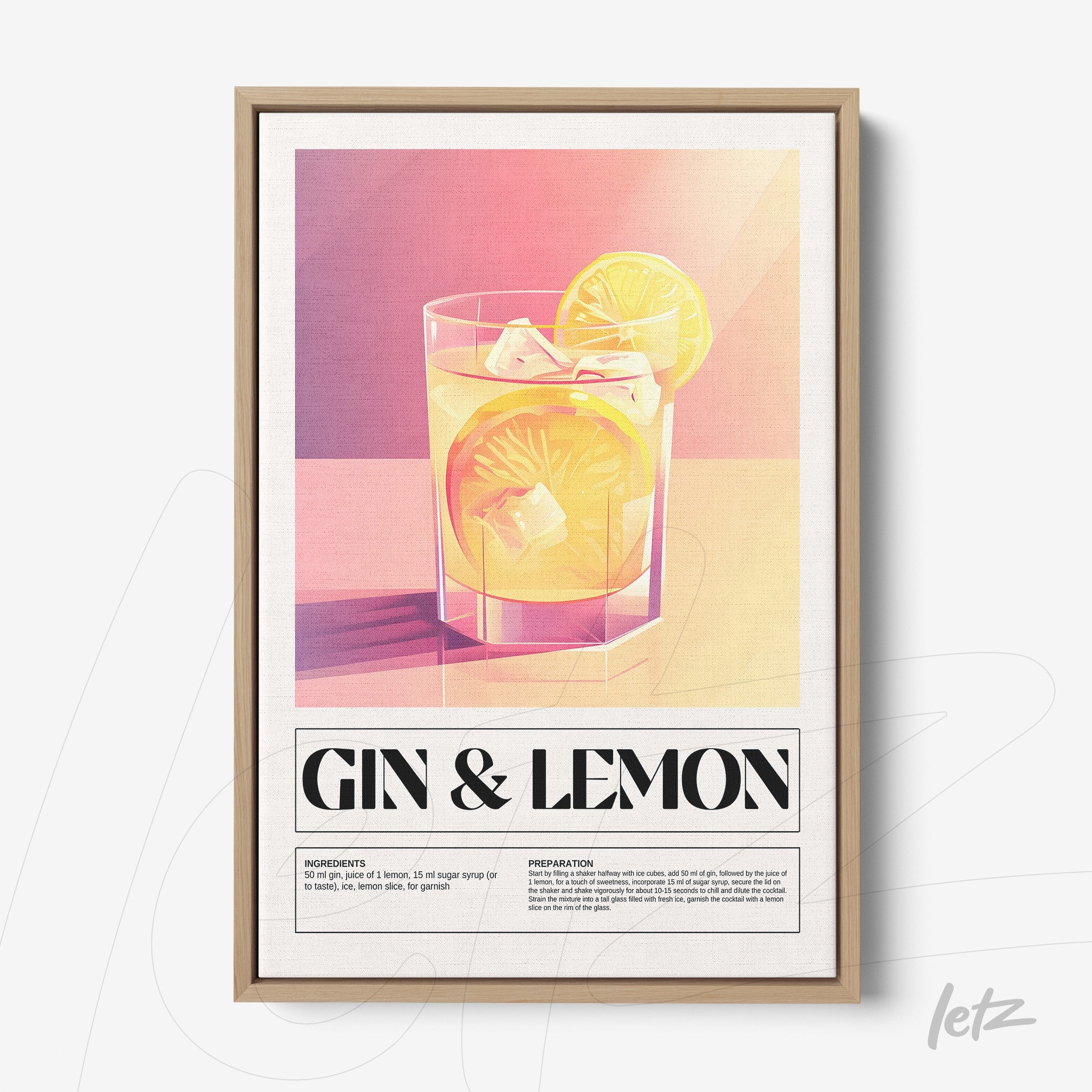 minimalist framed art of gin and lemon cocktail with light wood frame