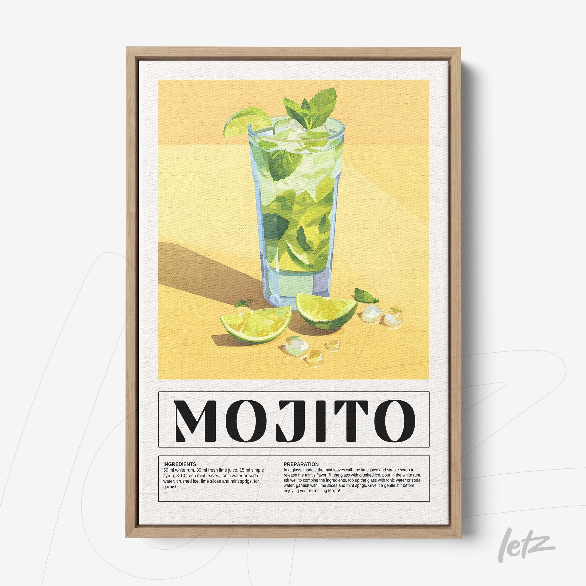 framed wall art featuring an illustrated mojito drink on a vibrant yellow background with sliced limes, fresh herbs, and ice in a tall glass
