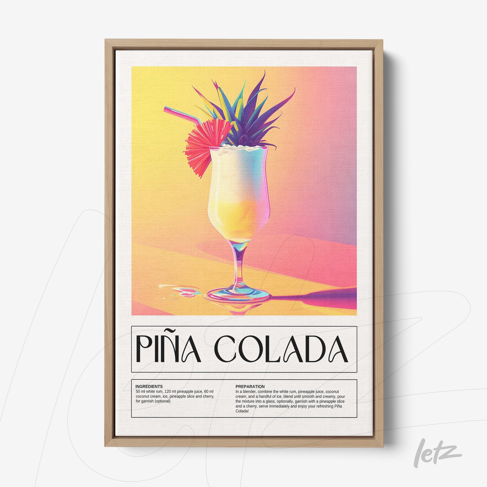 framed vibrant digital art of piña colada cocktail with light wood frame