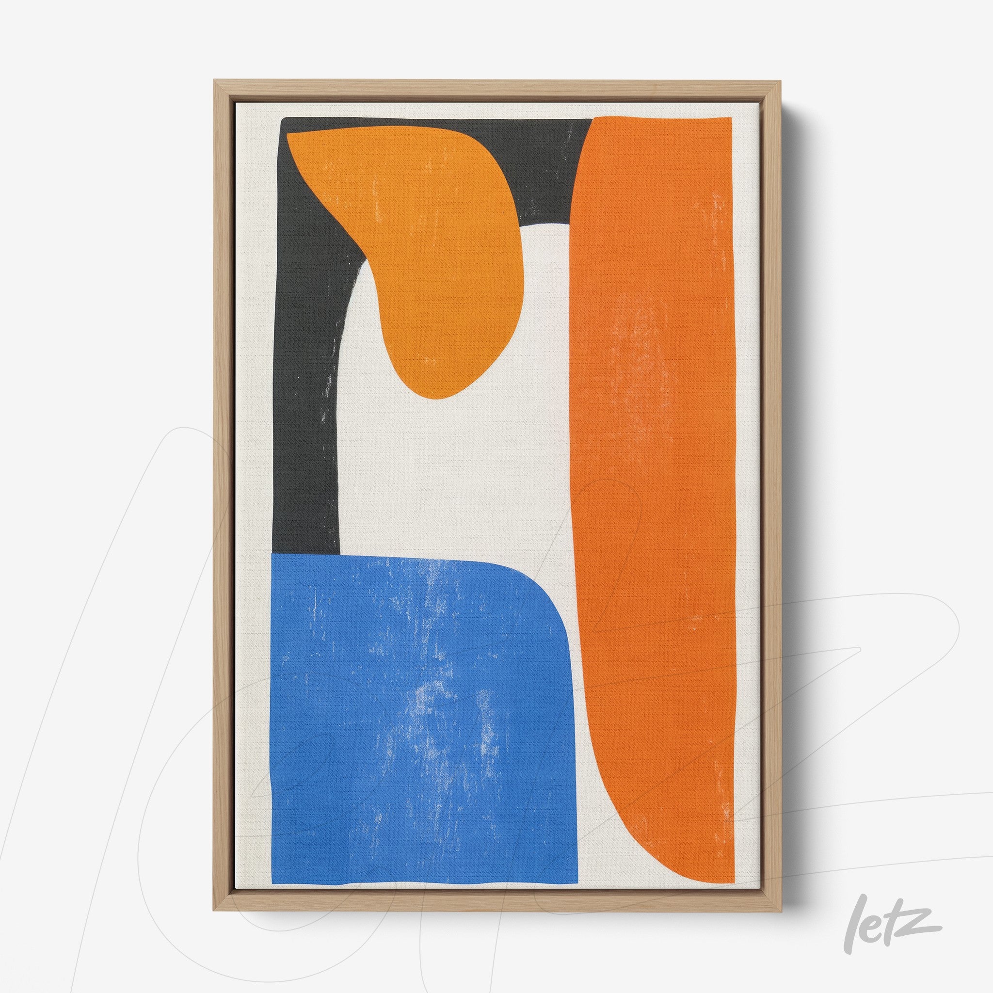 framed abstract art featuring vibrant colors including orange, blue, and black with a light wood frame