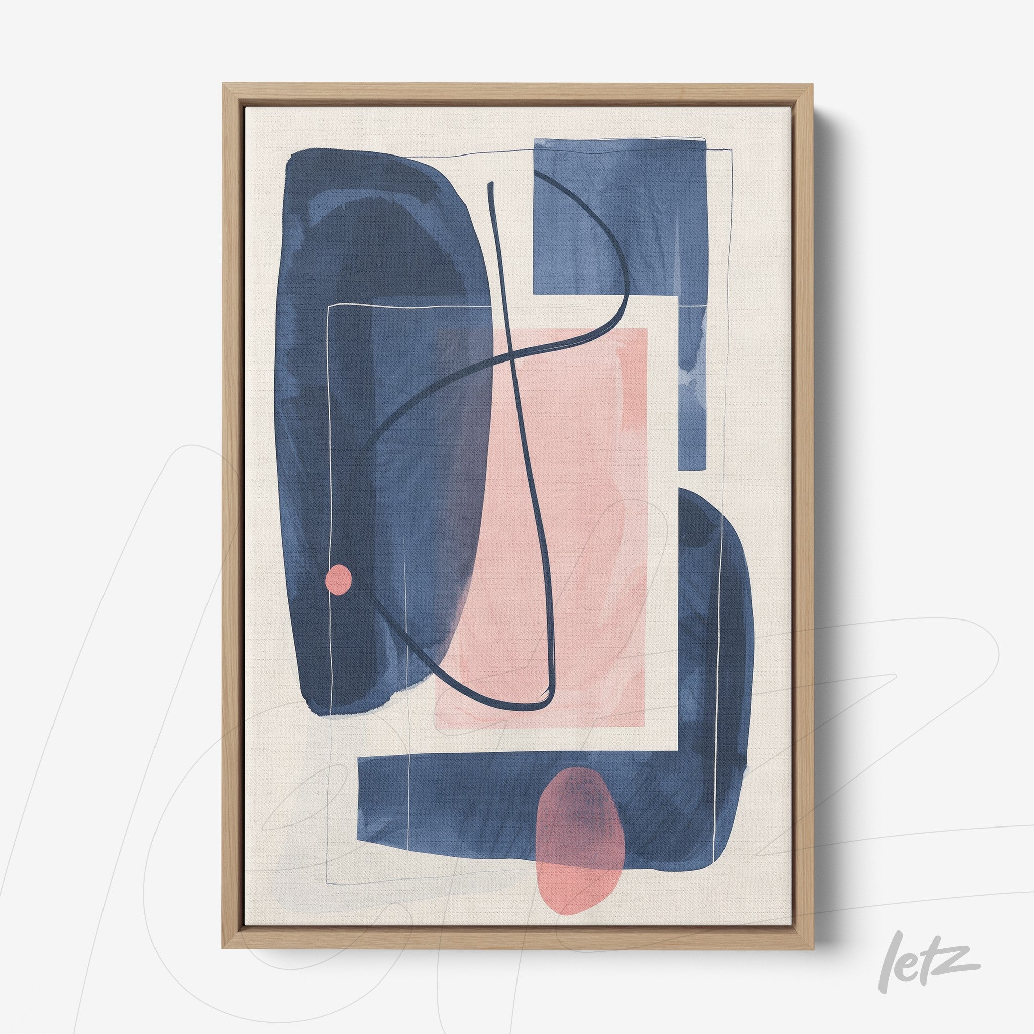 framed wall art featuring abstract design in shades of blue and pink with light wood frame