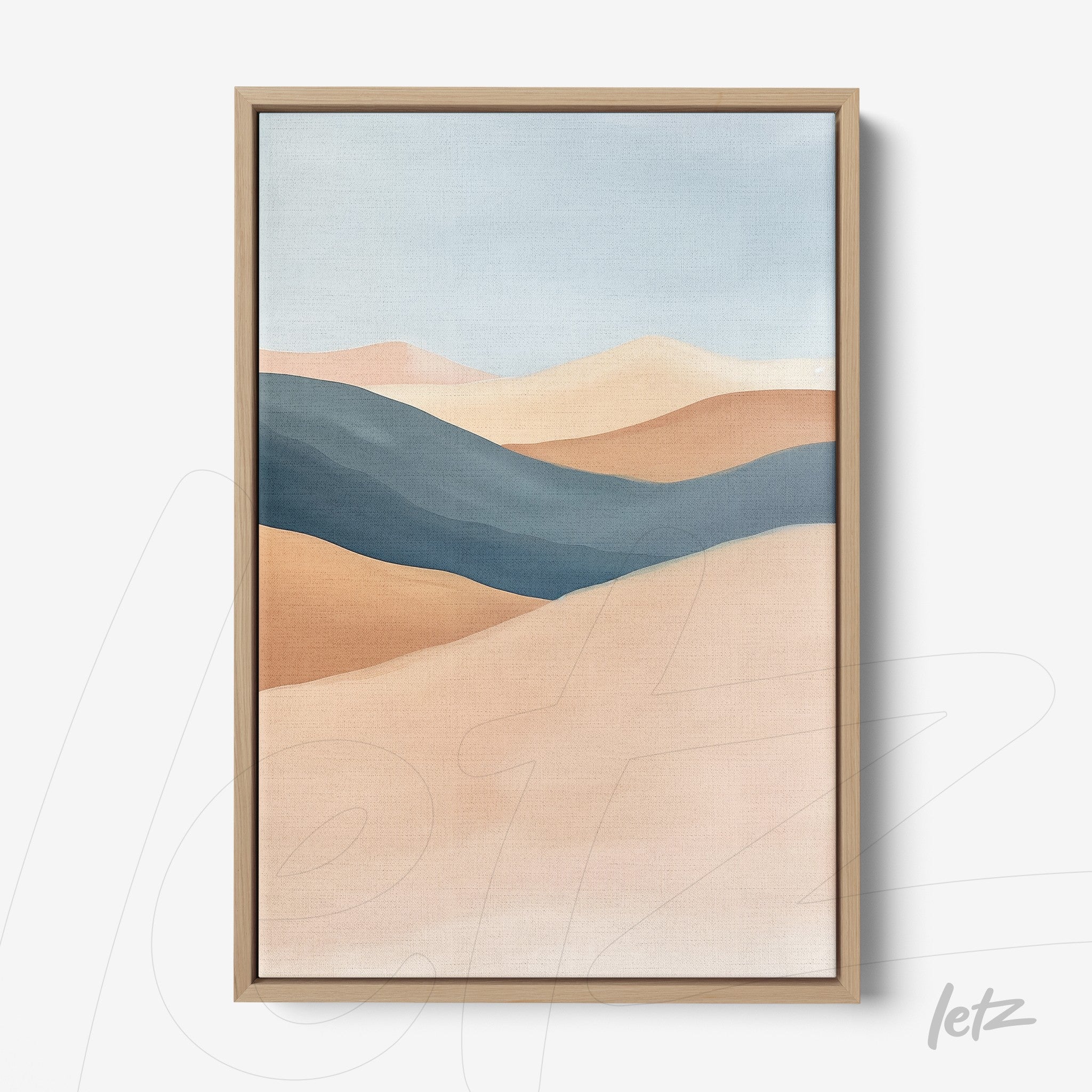 canvas artwork featuring abstract landscapes in earthy tones with soft hills and a light sky, framed in a light wooden frame