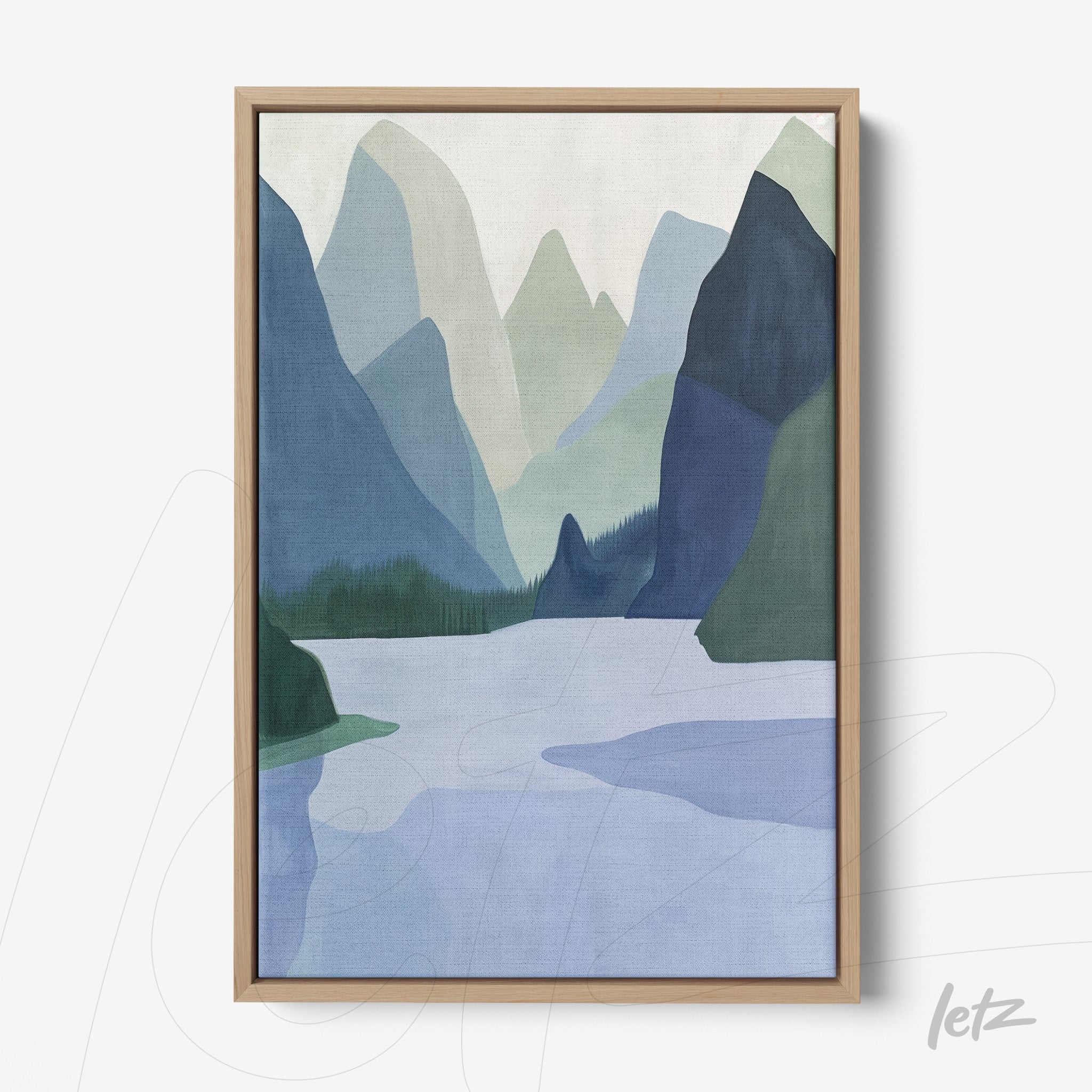 abstract landscape wall art featuring mountains in shades of blue and green with a light wood frame