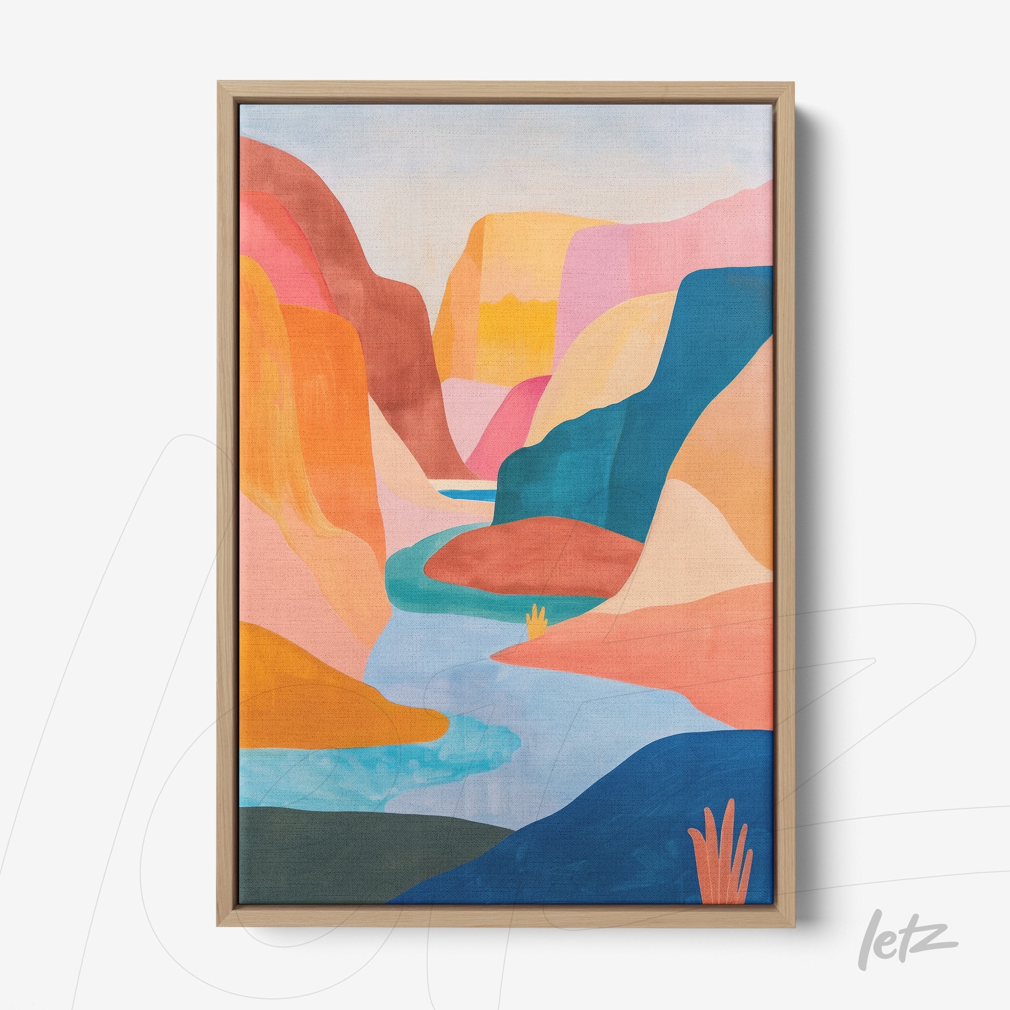 framed wall art depicting an abstract canyon landscape in vibrant colors with a soft background