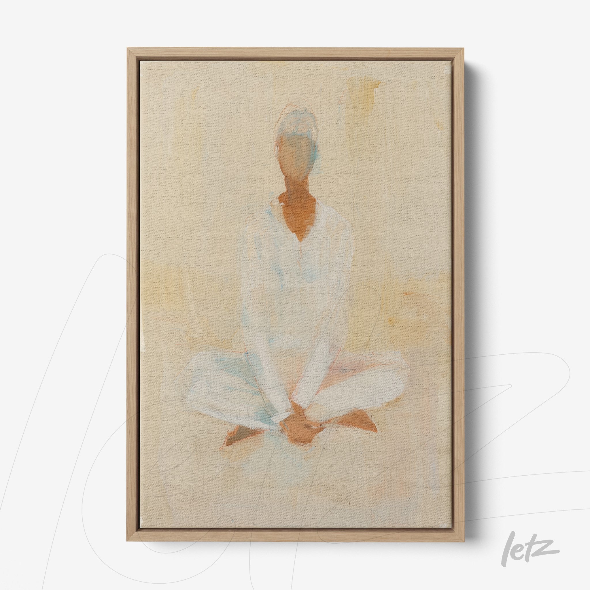 canvas print featuring abstract art of a meditative figure, framed in light wood with soft neutral background